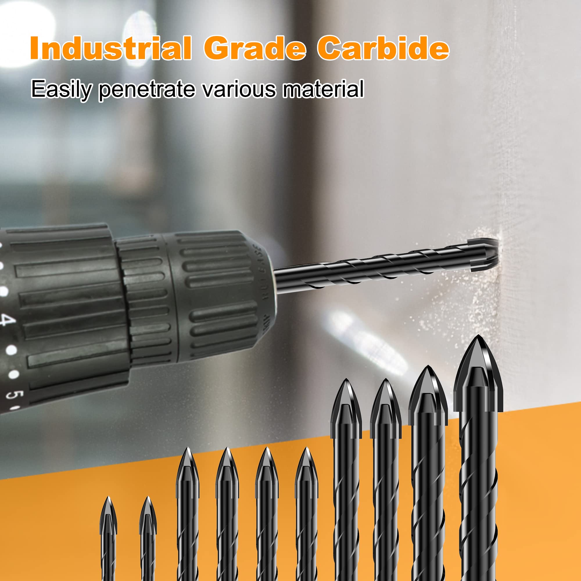 TITGGI 10-Piece Masonry Drill Bit Set - Carbide Tip Concrete Drill Bits for Brick, Tile, Cement & Glass (3/16