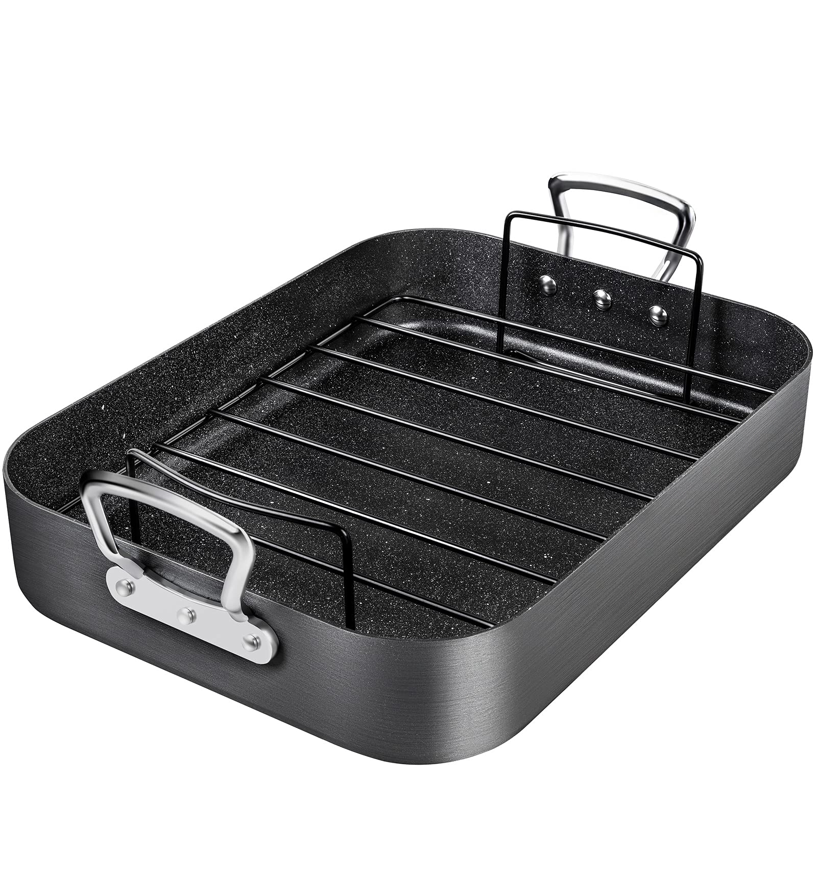 MICHELANGELO 16x12 Inch Nonstick Hard Anodized Turkey Roasting Pan with Rack - Large Oven Safe Roaster for Thanksgiving, Christmas, and Holiday Cooking - Perfect for Roasting Turkey, Chicken, Beef, and Vegetables