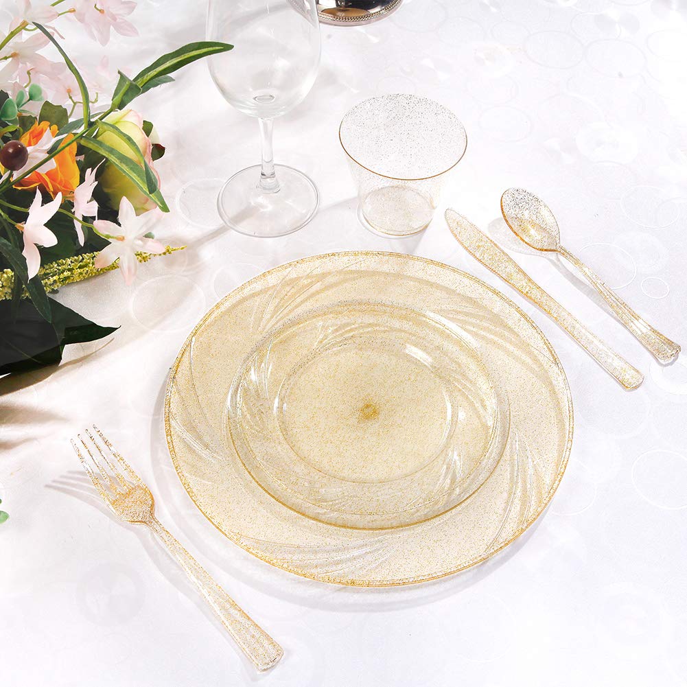 WDF 40-Piece Gold Glitter Disposable Plastic Dinnerware Set - Includes 40 Dinner Plates, 40 Salad Plates, 40 Forks, 40 Knives & 40 Spoons - Perfect for Parties, Weddings, Birthdays & Special Events