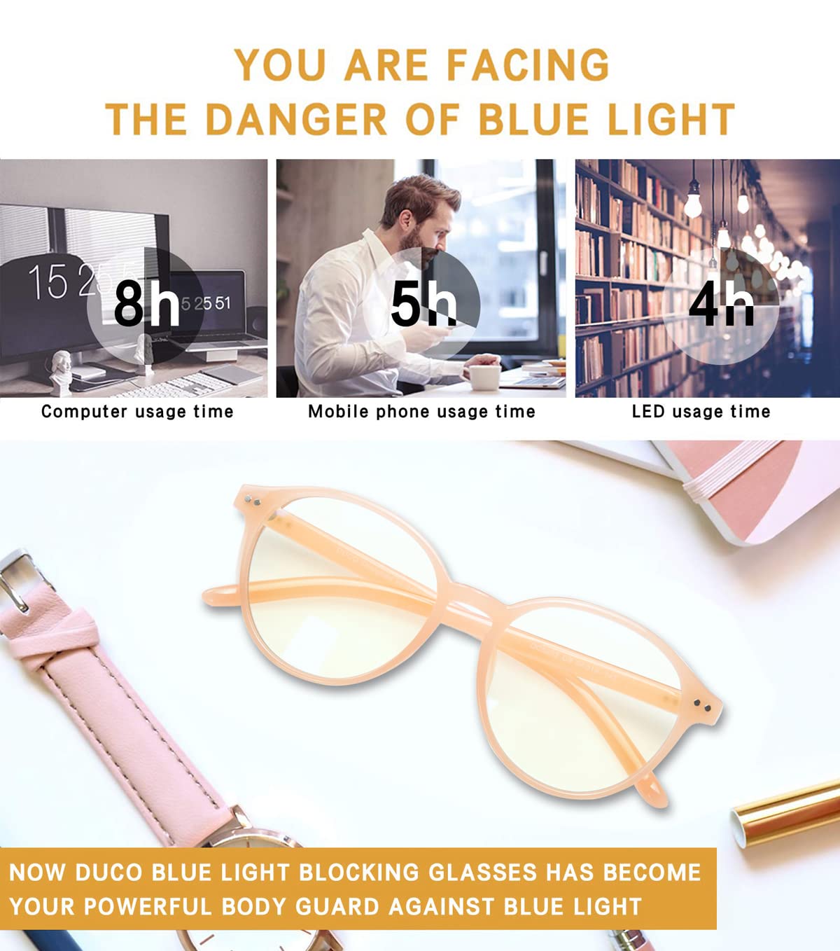 DUCO Blue Light Blocking Glasses for Men & Women - Anti Eyestrain Computer Gaming Glasses with UV Protection - Square Frame Reading Eyewear for Office, Gaming & Digital Screen Use (Model 5205)
