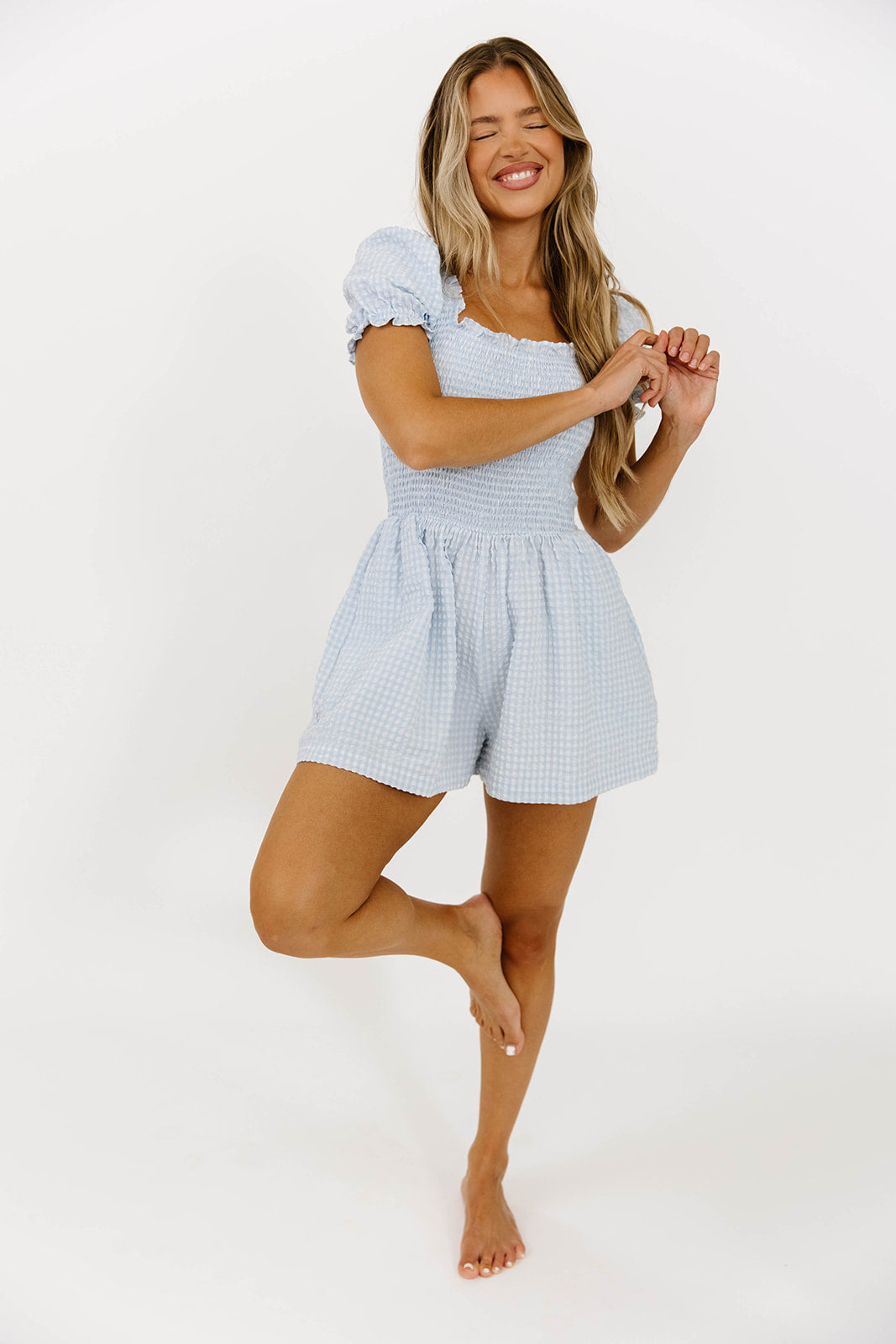 Tilly Gingham Seersucker Romper - Blue Striped Summer Jumpsuit for Women | Perfect for Beach Vacations, Picnics & Outdoor Adventures