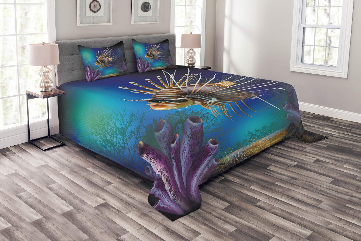 Ambesonne Ocean King Size Bedspread Set - 3 Piece Underwater World Nautical Theme Bedding with Exotic Fish, Bubble & Plants, Blue Brown Purple Decorative Coverlet & 2 Pillow Shams for Coastal & Beach House Decor