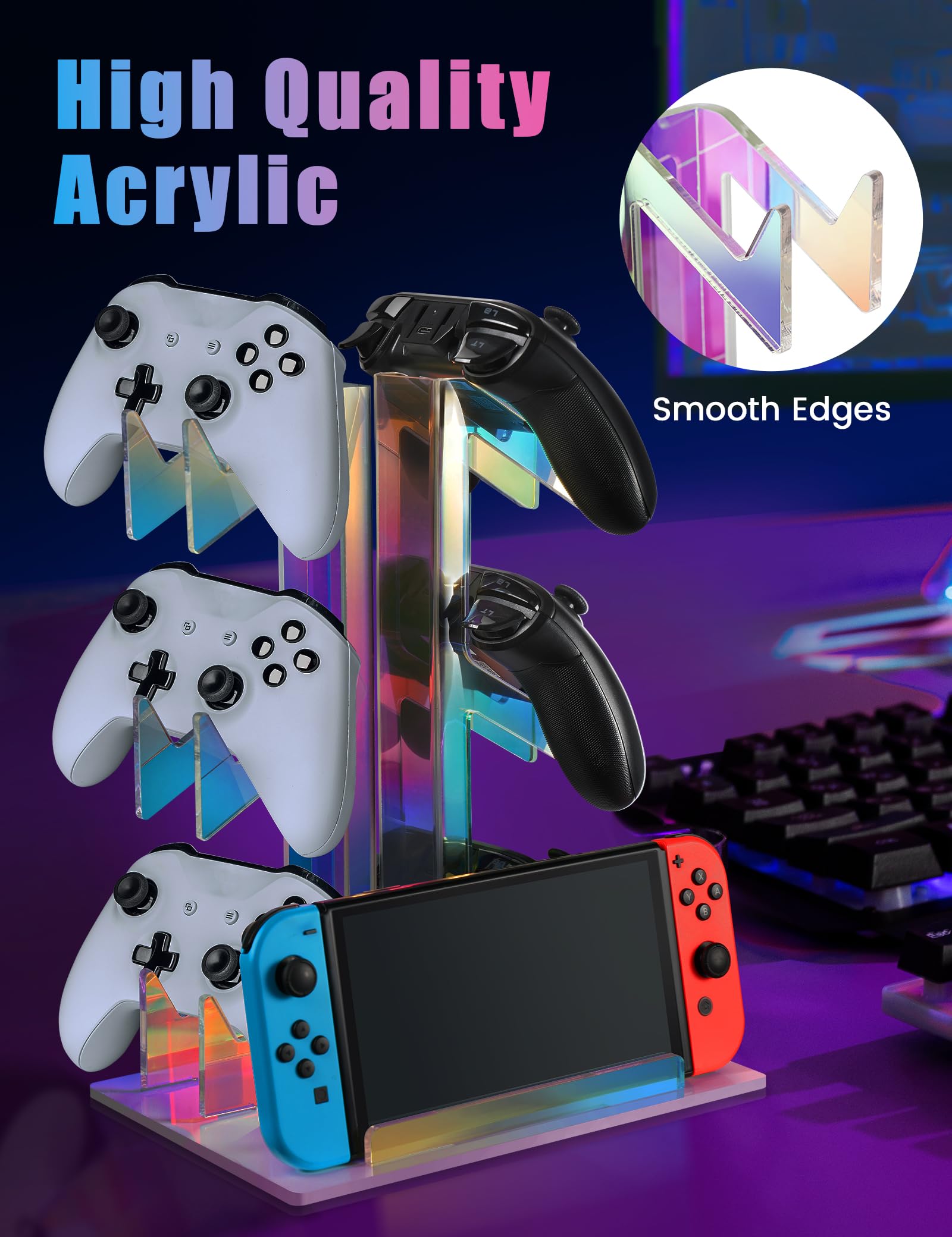 NiHome Iridescent Acrylic 3-Tier Game Controller Stand - Universal Holder for PS5, Xbox ONE, Switch Controllers & Headsets - Anti-Slip Stable Gaming Organizer with White Base - Perfect for Gaming Setup & Accessories Storage
