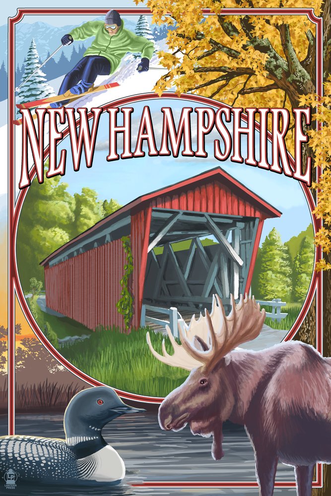 New Hampshire Covered Bridge Montage Scenes - 24x36 Signed Art Print, Wall Decor Poster for Living Room, Bedroom & Office