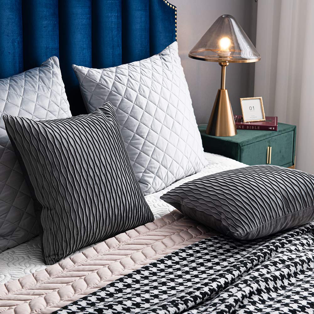 DEZENE Grey Striped Velvet Pillow Covers - Set of 2 (20x20 Inches) Farmhouse Decorative Throw Pillow Cases for Sofa, Couch & Bed - Perfect for Living Room, Bedroom & Home Decor