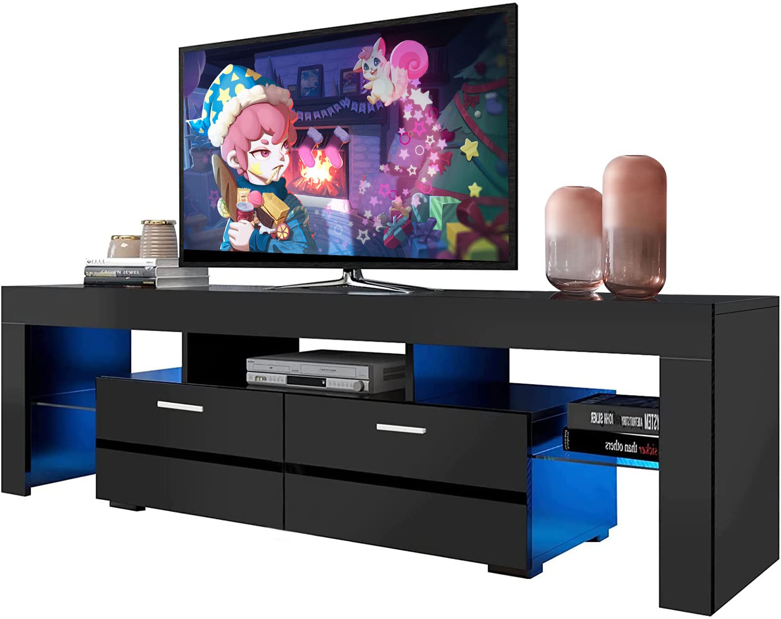 Black Modern LED TV Stand for 32/40/50/65 Inch TVs with RGB Color Changing Lights - Universal Entertainment Center with Clear Glass Shelves for Gaming, Movie Nights & Home Decor - Perfect for Living Room & Bedroom Setup
