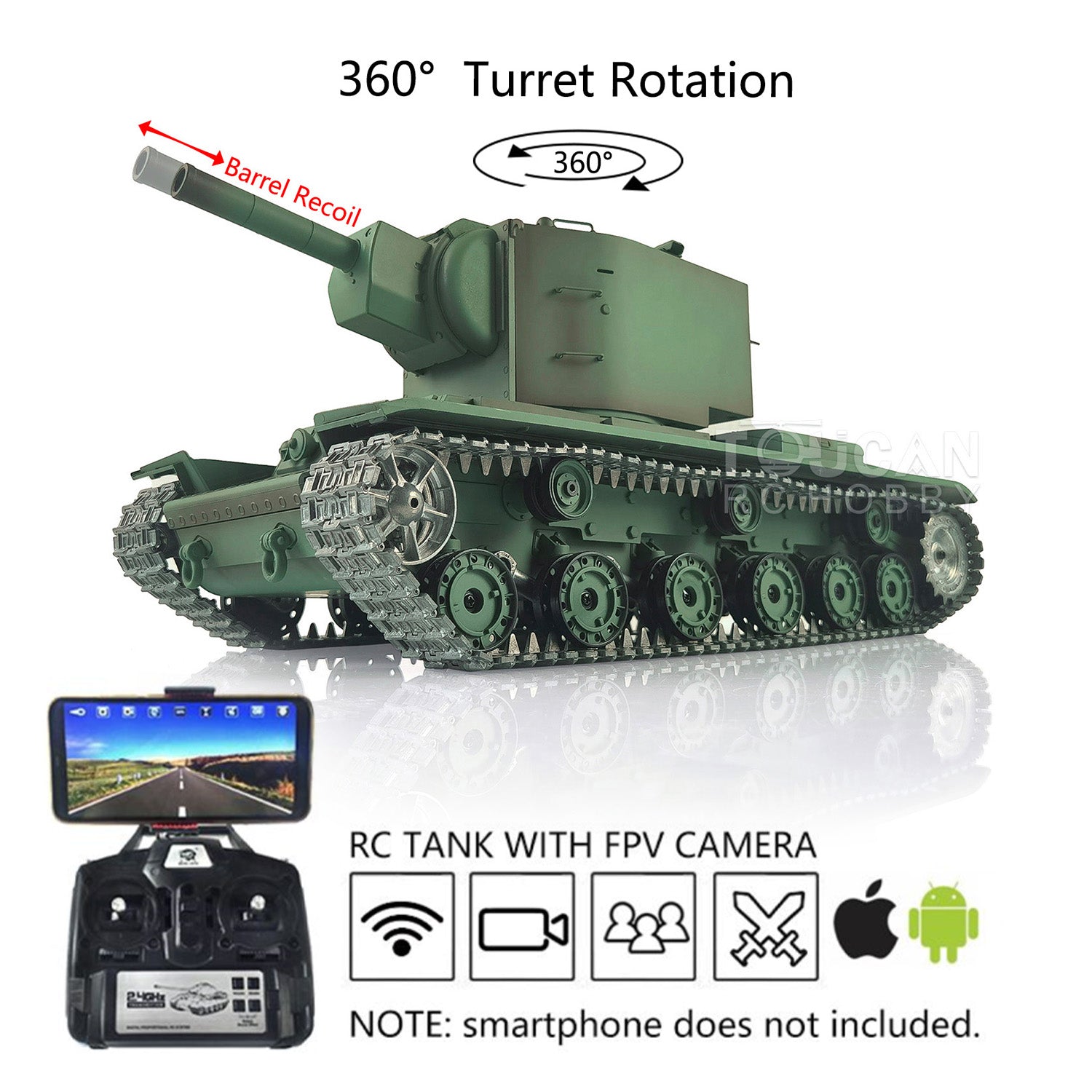 1/16 Henglong KV-2 Gigant RC Military Tank - 7.0 Upgraded Remote Control with 360° Turret & FPV Camera | Ready-to-Run Soviet Battle Tank Model for Collectors and War Gaming Enthusiasts | Perfect for Battle Reenactments, Display Collections, and RC Tank Competitions