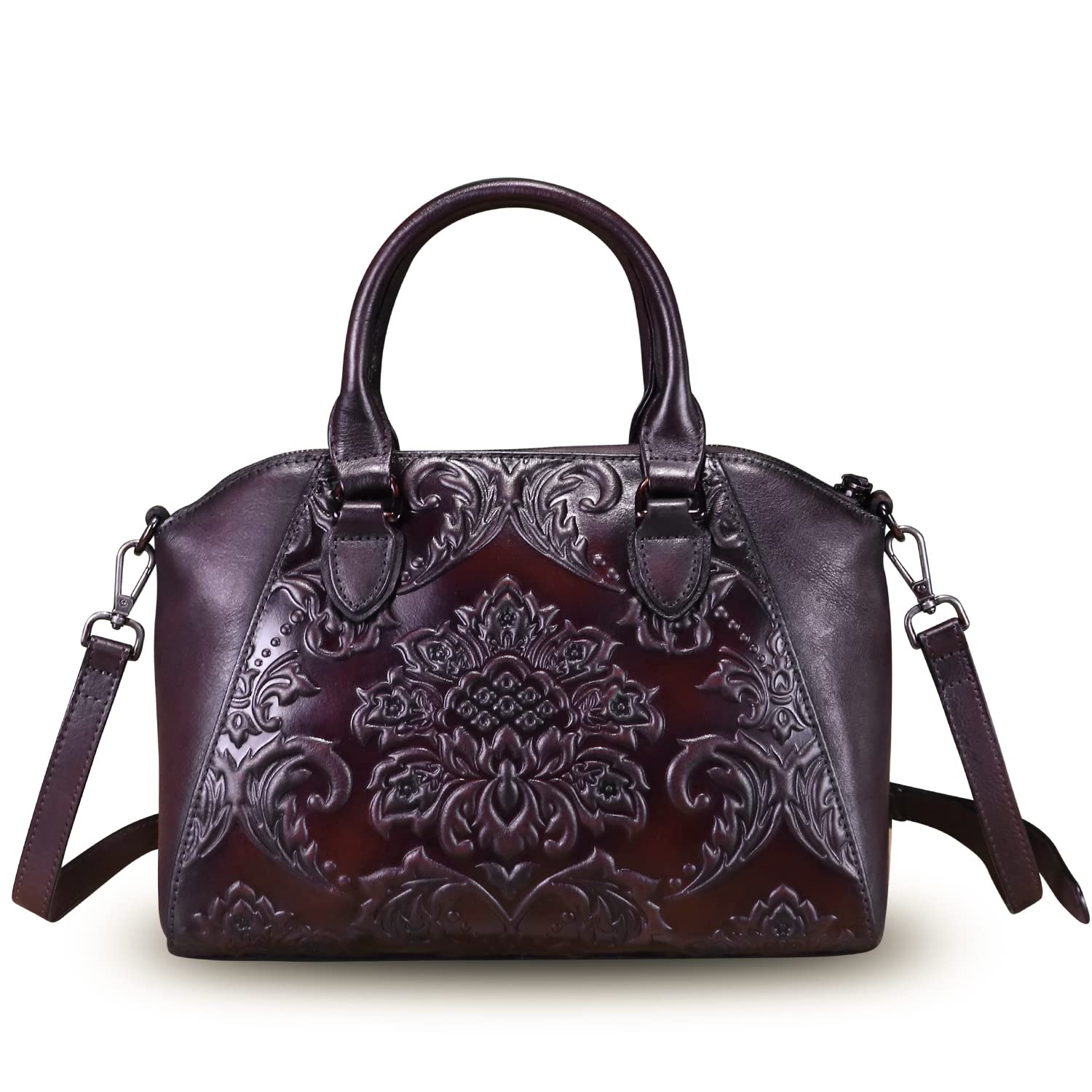 Genuine Leather Purses for Women - Vintage Embossed Leather Top Handle Satchel Bag with Adjustable Crossbody Shoulder Strap | Perfect for Work, Travel & Everyday Use