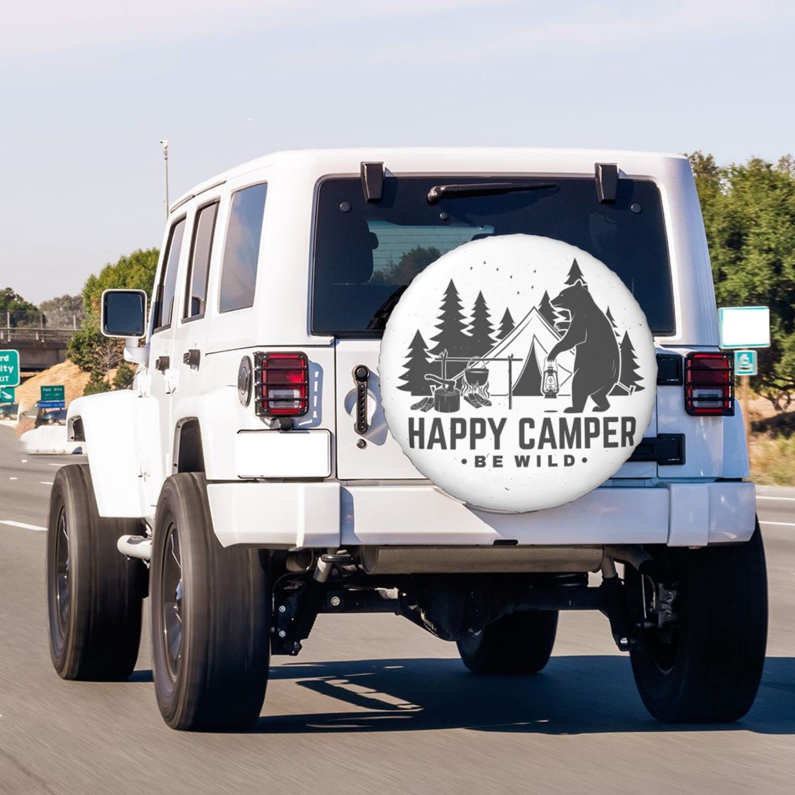 Happy Camper Bear Spare Tire Cover - 16 Inch Dust-Proof Wheel Protector for Trailers, RVs, SUVs & Vehicles | Perfect for Road Trips & Outdoor Adventures