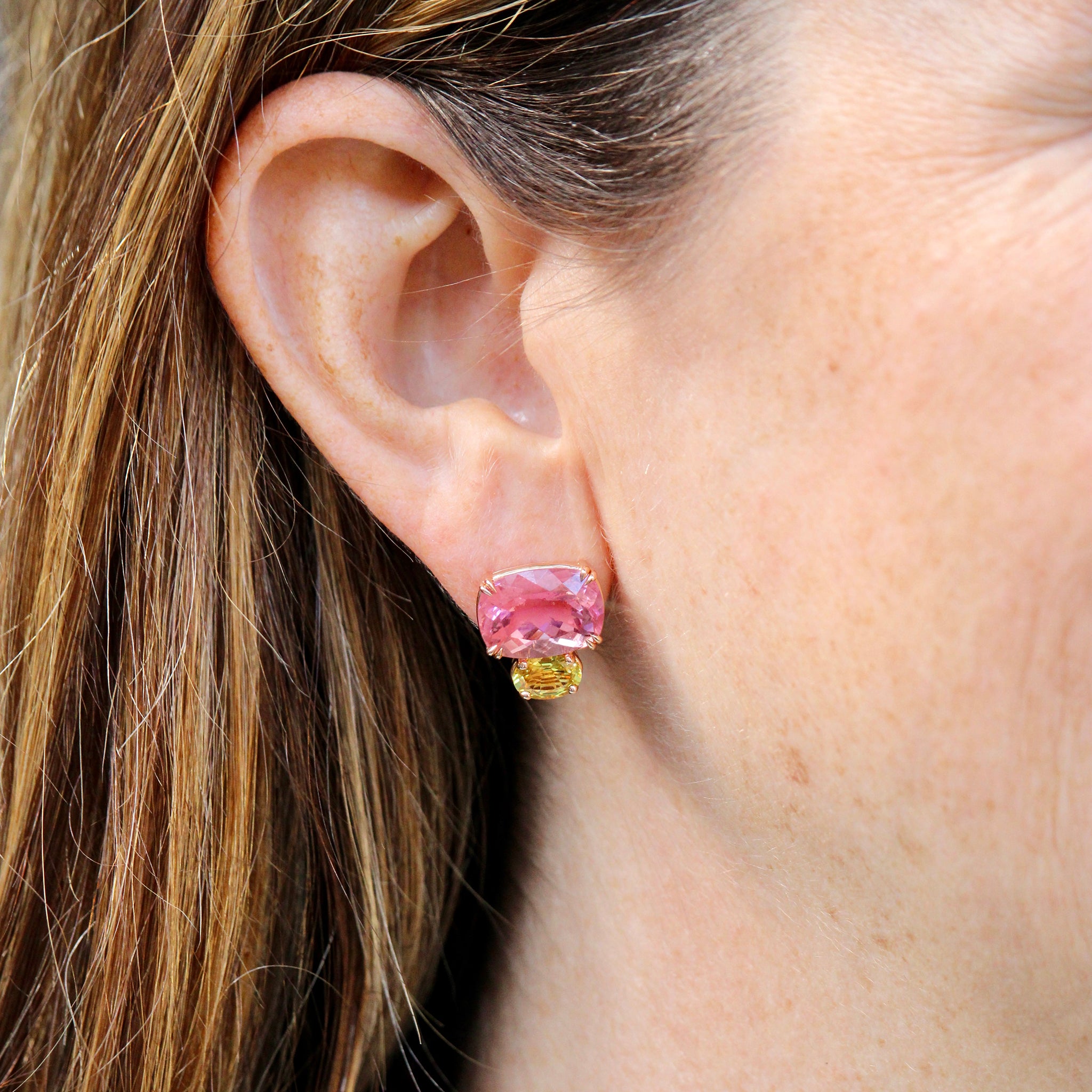 18K Rose Gold Pink Tourmaline & Yellow Sapphire Earrings for Women - Elegant Jewelry Gift for Birthday, Anniversary & Special Occasions