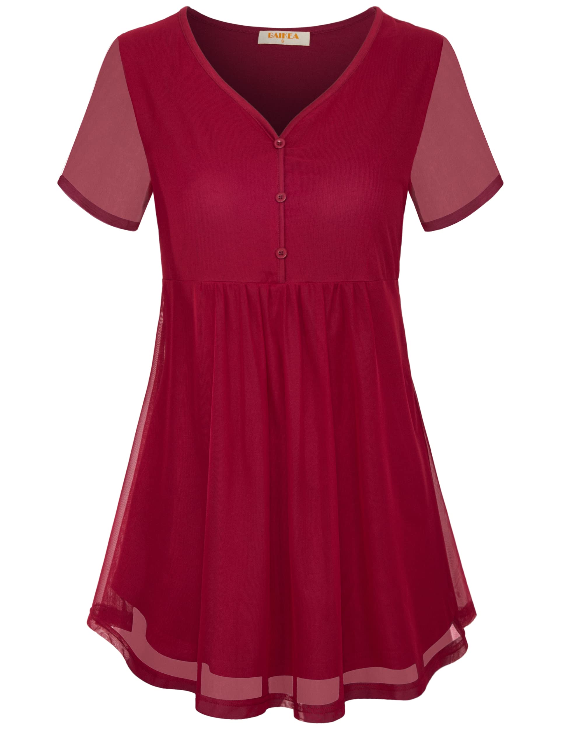 BAIKEA Women's Mesh Top - Empire Waist Flowy Blouse with Short Sleeves & Ruched Detail | Perfect for Casual Outings, Date Nights & Summer Vacations