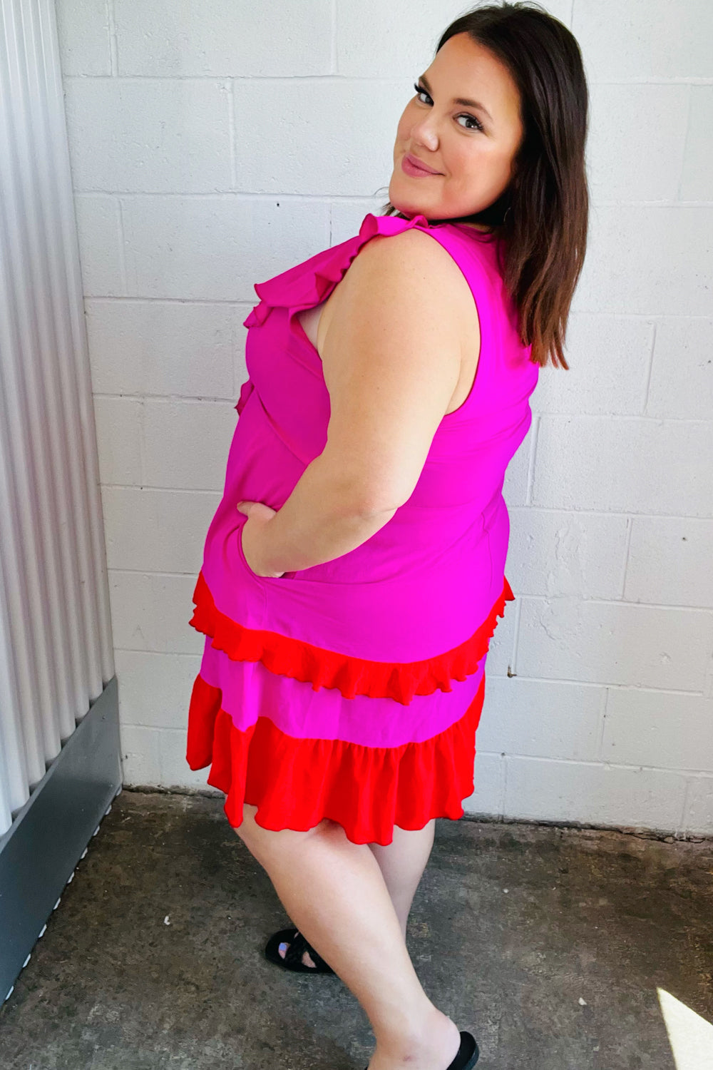 Fuchsia Ruffle V-Neck Crepe Tiered Midi Dress for Women - Flowy Party & Wedding Guest Outfit - Elegant Cocktail & Summer Dresses