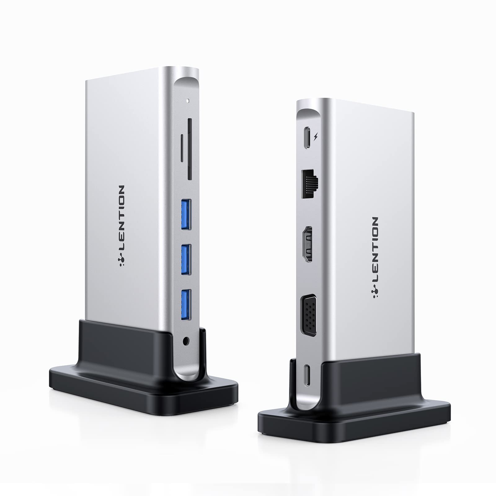 LENTION USB C Docking Station 100W Power Delivery - 4K HDMI, VGA, Gigabit Ethernet, SD/TF Card Reader, 3 USB 3.0 Ports, 3.5mm Aux Adapter for MacBook Pro/Air, Surface, Steam Deck, Dell, HP (CB-D55, Silver) - Perfect for Home Office, Gaming & Multi-Monitor Setup