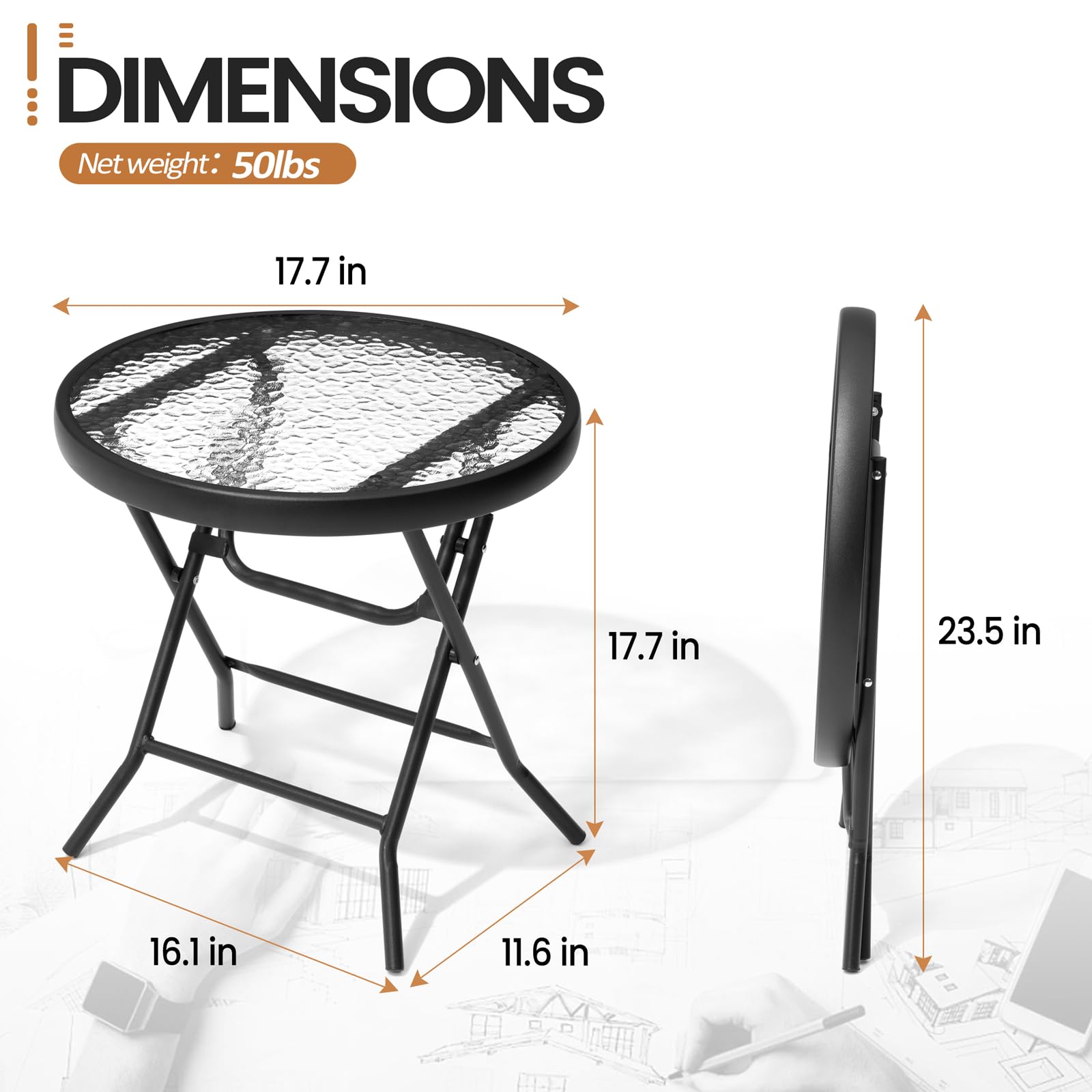 Foldable Side Table Set of 2 with Tempered Glass Top 18