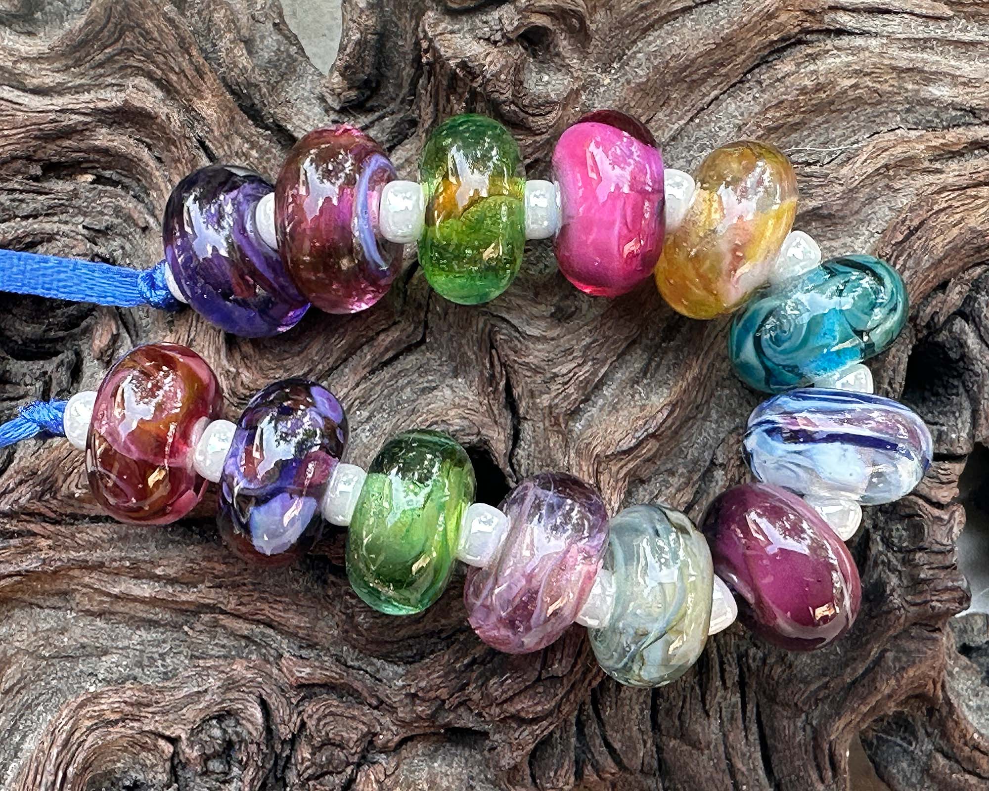 14 Colorful Swirls Lampwork Glass Beads Set for Jewelry Making - DIY Bracelet, Necklace & Craft Projects - SRA Certified Artisan Beads