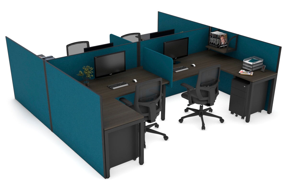 Quadro Square Legs 4-Person Corner Workstation - H Configuration Black Frame [1400L x 1800W with Cable Management] | Perfect for Office, Home Workspace & Collaborative Environments