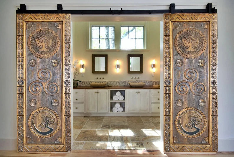 Hand Carved Yoga Barn Door - Solid Mango Wood Custom Interior/Exterior Door - Front Entryway & Wall Decor for Home, Office & Meditation Spaces