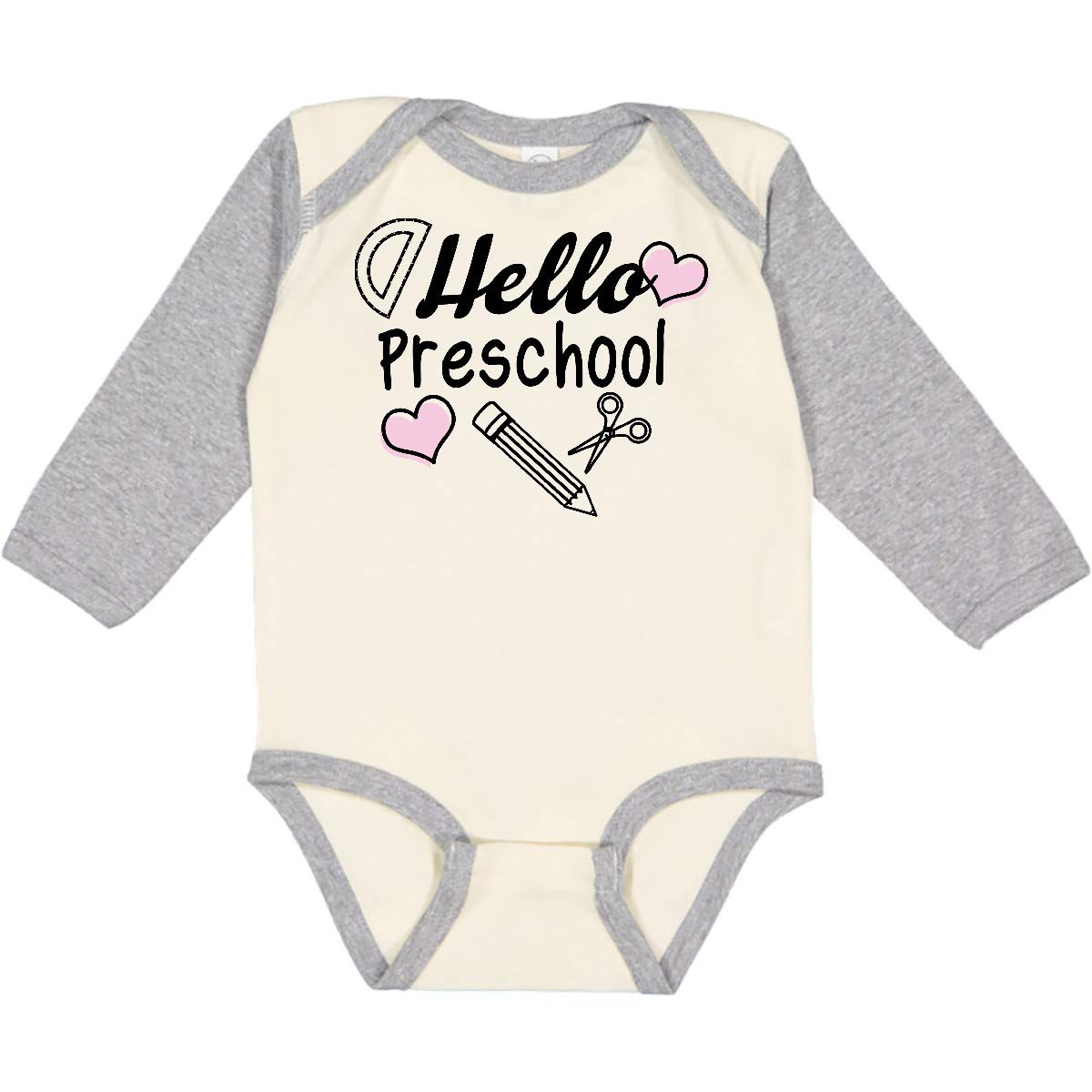 Inktastic Hello Preschool with Hearts and School Supplies Long Sleeve Baby Bodysuit - Perfect for Daycare, First Day of School & Playdates