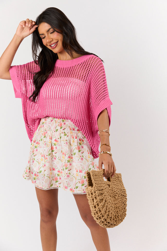 Wave Of Relief Pink Short Sleeve Open Knit Cover Up Sweater - Lightweight Summer Beachwear for Women, Perfect for Poolside, Vacation & Casual Outings