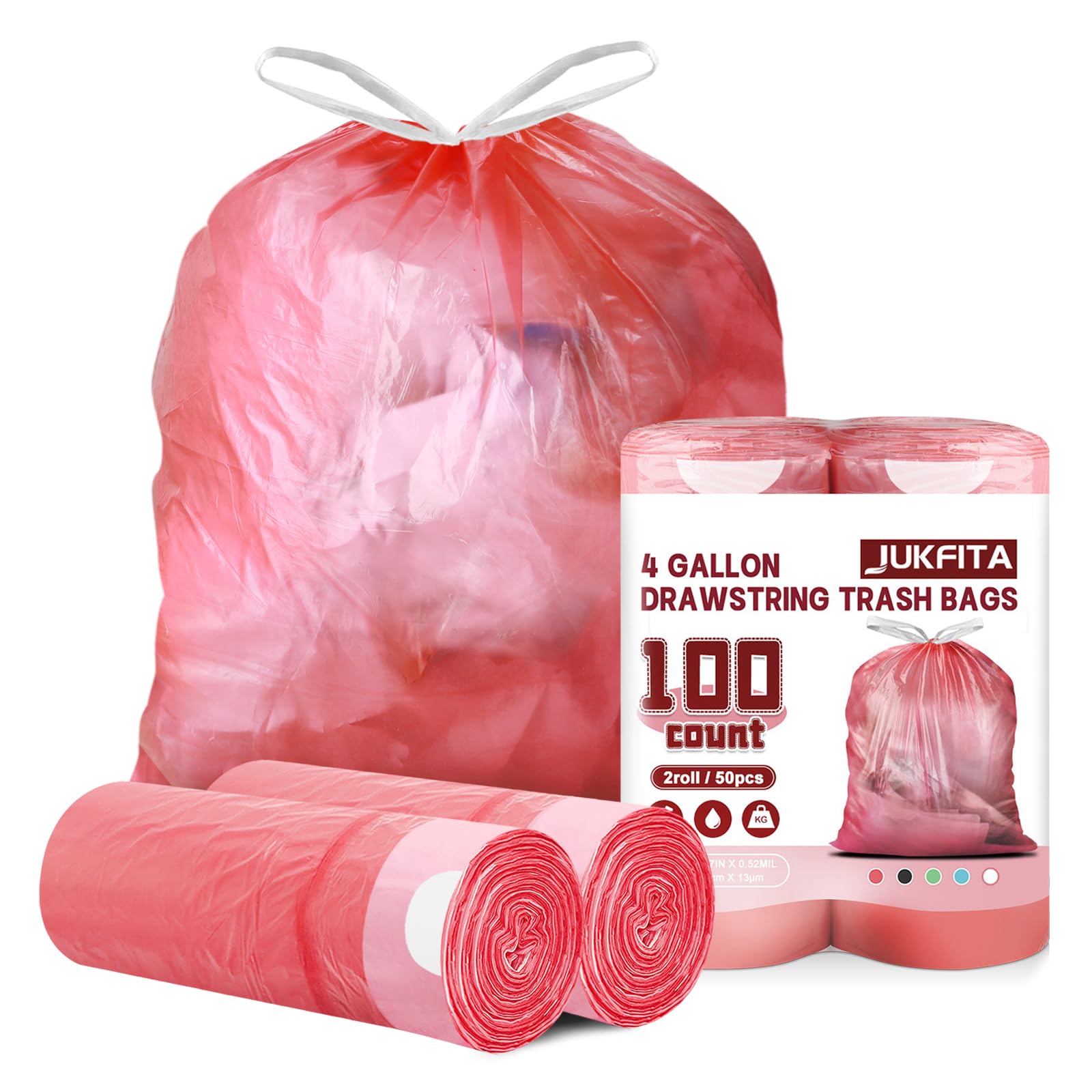JUKFITA 4 Gallon Drawstring Trash Bags - 100 Count Extra Strong Small Garbage Bags | Unscented Trash Can Liners for Bathroom, Restroom, Office & Kitchen | Perfect for Small Bins, Wastebaskets & Mini Trash Cans (Red)