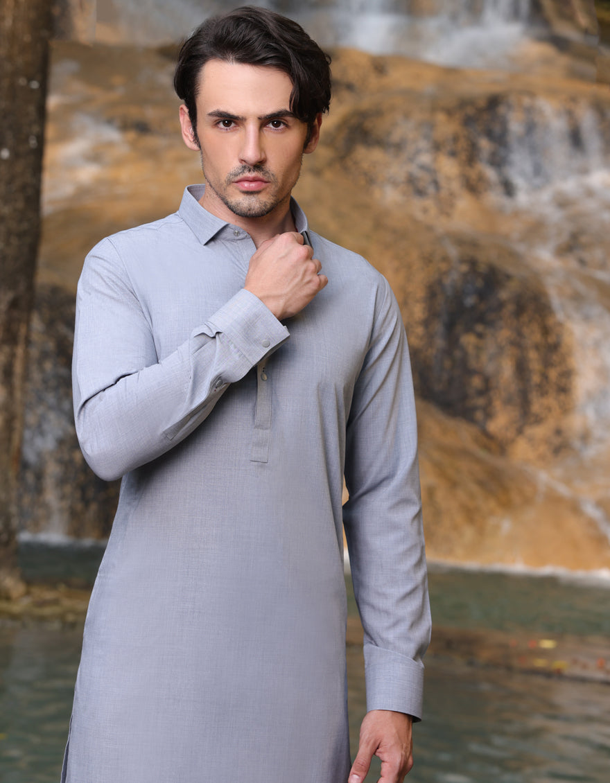 Stylish Blended Grey Shalwar Kameez by J. Junaid Jamshed - Traditional Pakistani Outfit for Men - Perfect for Weddings, Festivals & Special Occasions