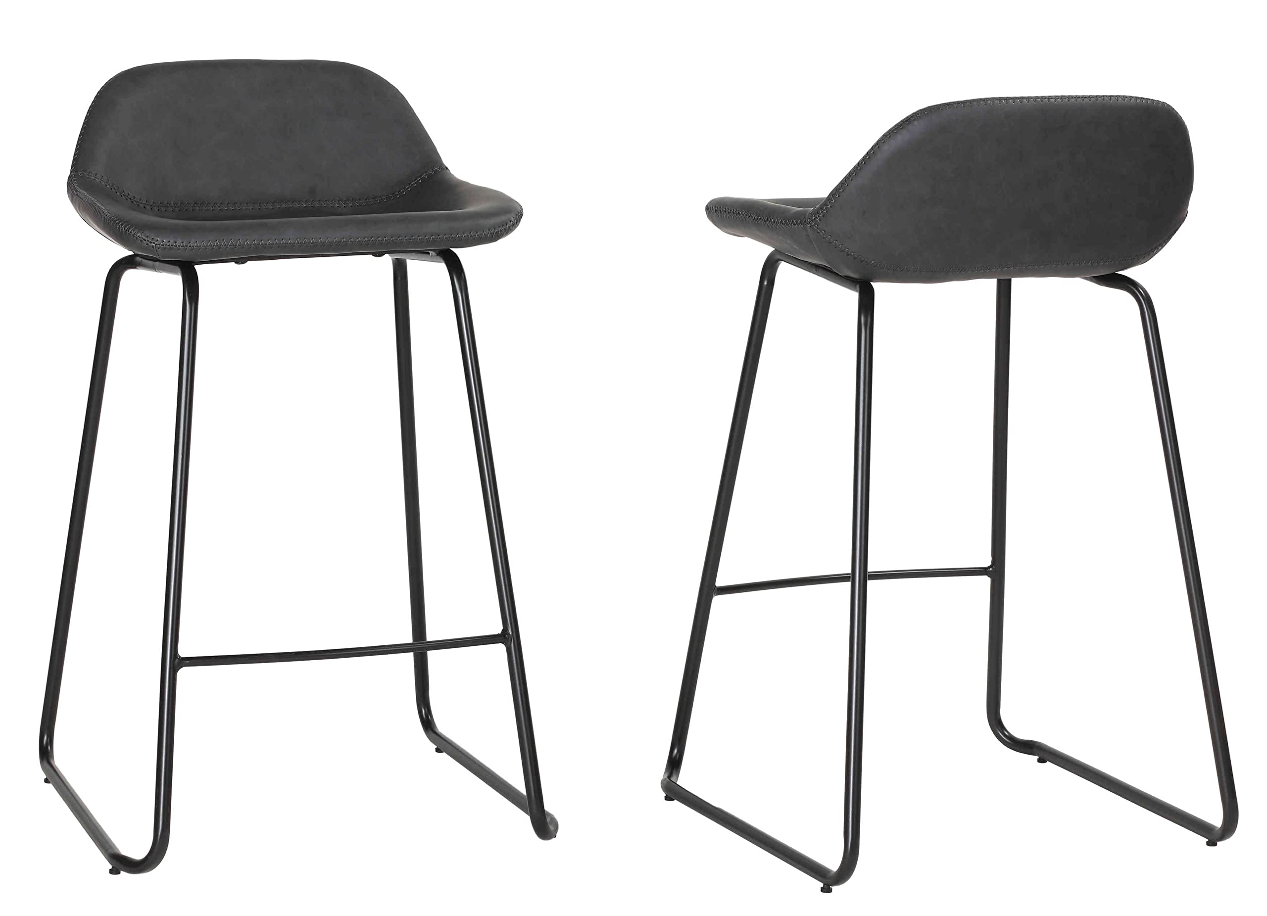 Cortesi Home Ava Bar Stools Set of 2 - Charcoal Black Faux Leather Counter Height Stools for Kitchen Island, Breakfast Bar & Dining Room - Modern PU Leather Barstools with Back Support