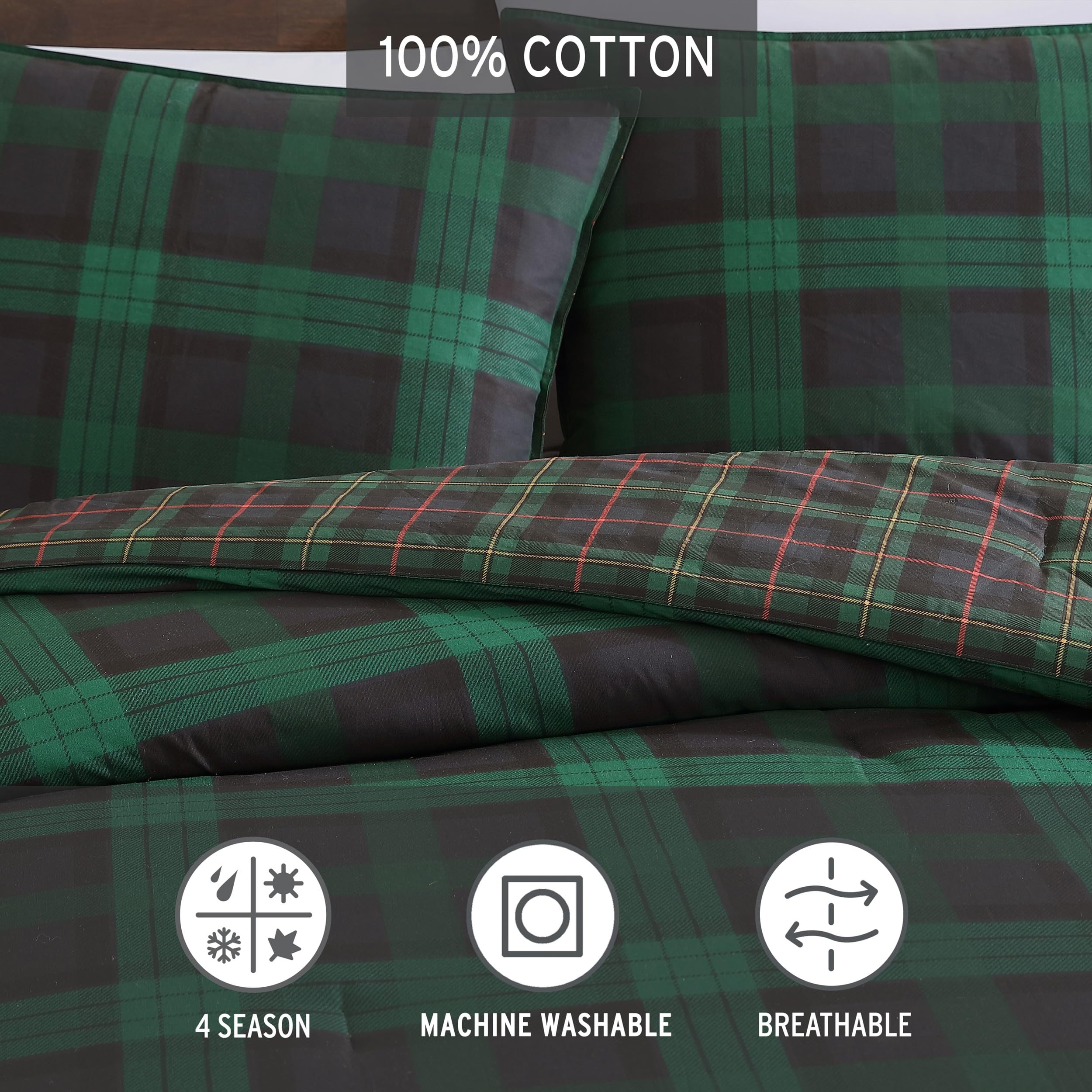 Eddie Bauer Queen Size Reversible Cotton Duvet Cover Set with Matching Shams - Woodland Tartan Green Plaid Design, Button Closure for Easy Use | Perfect for Cozy Bedroom Decor, Guest Room Essentials & Winter Home Styling