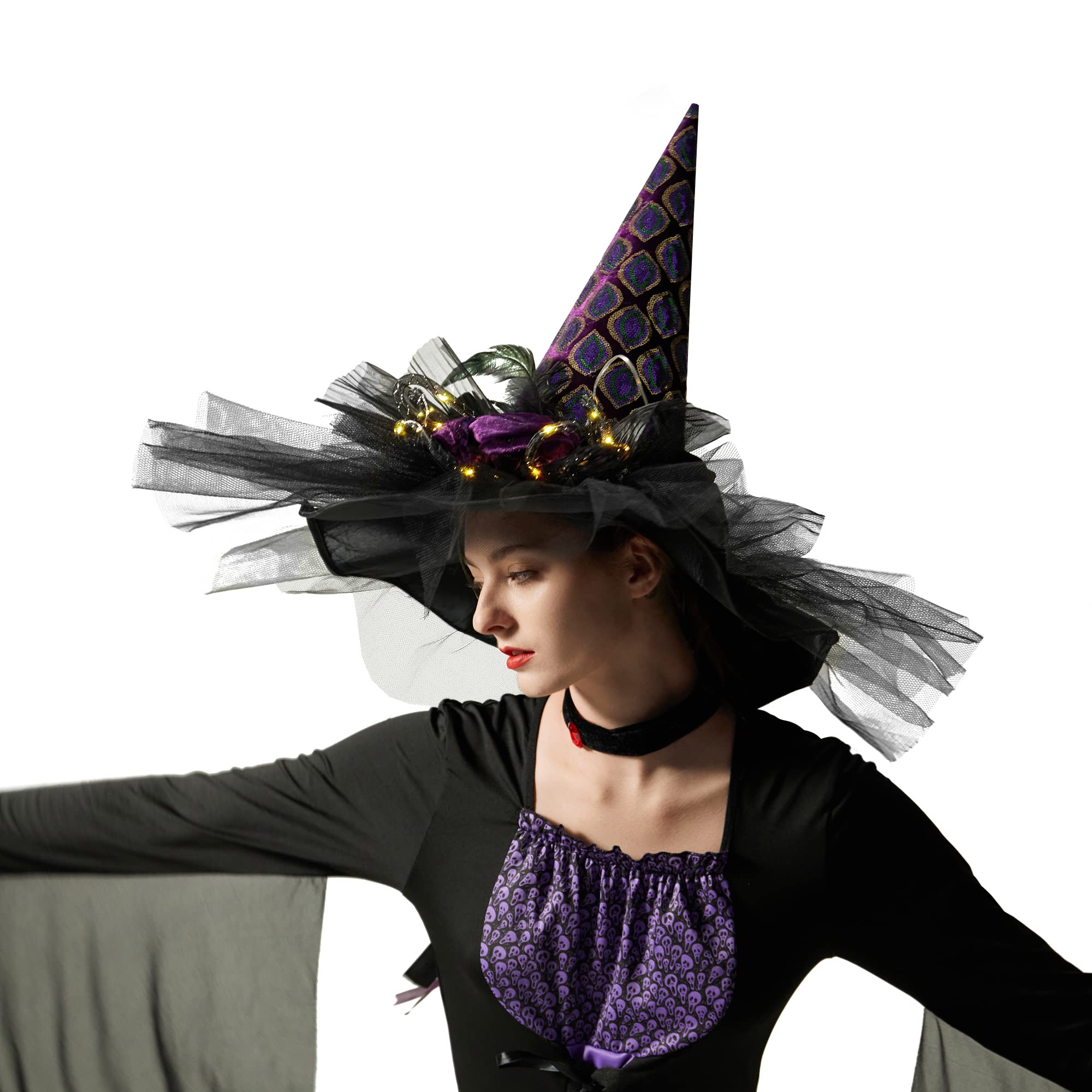 LED Light Up Witch Hat for Women - Black Halloween Steeple Top Hat with Built-in Lamp | Perfect for Halloween Parties, Cosplay & Themed Events