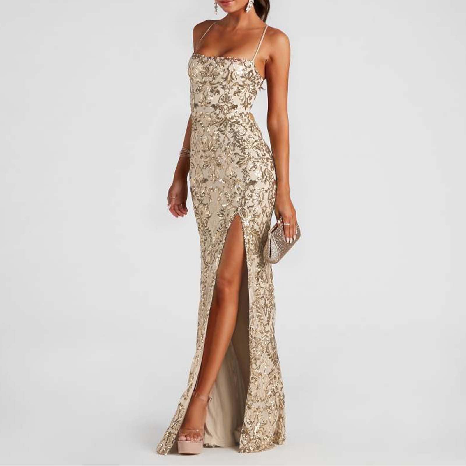 Elegant Women's Maxi Dress Spaghetti Strap Backless Bodycon Evening Party Dress with High Slit - Vintage Cocktail Dress for Night Out, Date Night, Formal Events & Summer Weddings