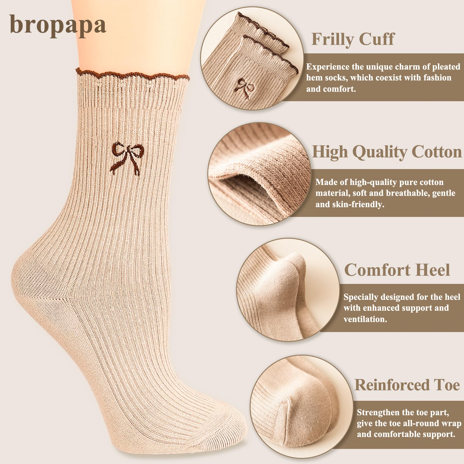 Women's Fashion Crew Socks 5-Pack - Cotton Ankle Socks with Ruffle Trim & Cute Embroidery - Casual Dress Socks for Work, Daily Wear & Outfits