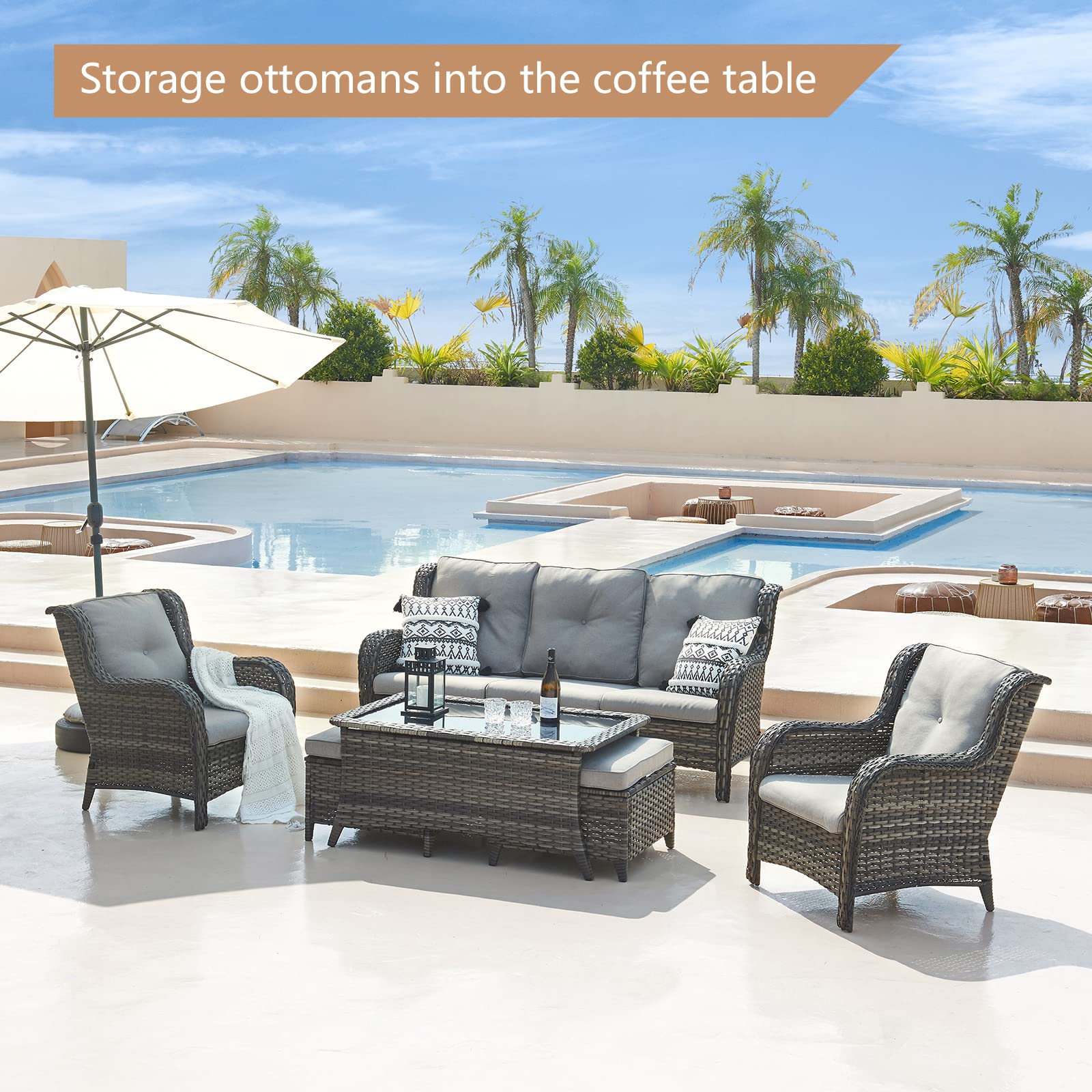 6-Piece Outdoor Patio Wicker Furniture Set - Rattan Sectional Sofa with 3-Seat Couch, 2 Armchairs, 2 Ottomans & Glass Coffee Table - Grey Patio Conversation Set for Backyard, Garden or Poolside Relaxation