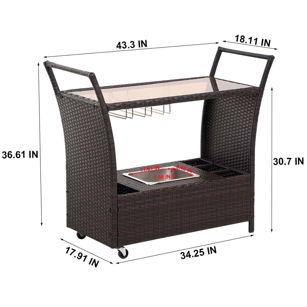 Premium Outdoor Rolling Wicker Bar Cart with Removable Ice Bucket, Glass Countertop & Wine Glass Holders - Rattan Serving Cart with Storage for Pool Parties, Backyard BBQs & Patio Entertaining
