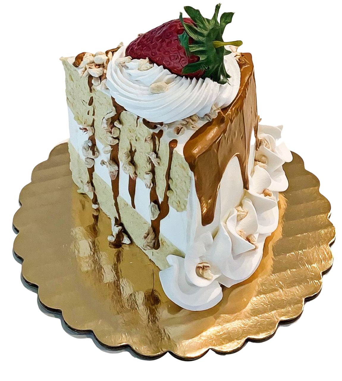 Dezicakes Fake Cake Slice - Artificial Cake Display for Home & Kitchen Decor - Faux Dessert Decoration with Caramel Nut Drizzle - Perfect for Wedding Centerpieces, Bakery Displays & Party Decorations