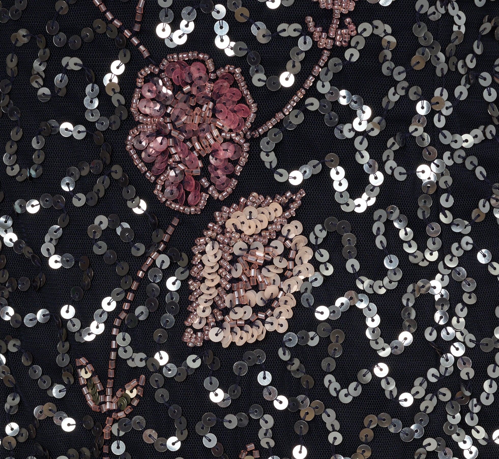 Elegant Sleeveless Sequin Floral Beaded Midi Dress - Navy Pink Multi Color for Party, Wedding & Special Occasions