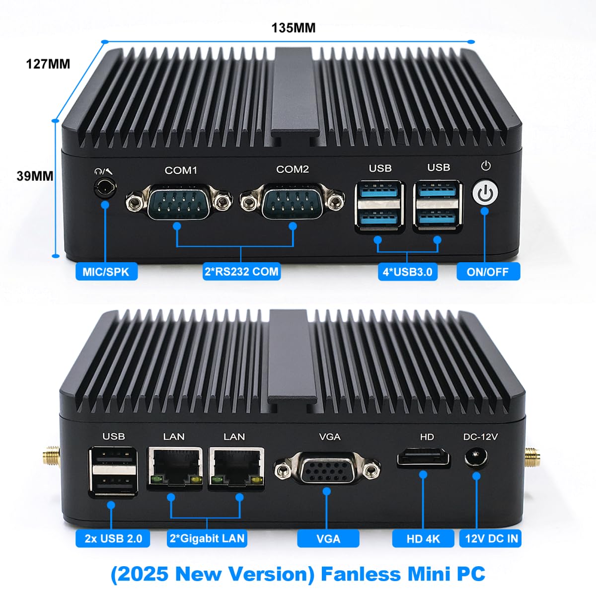 Fanless Mini PC with Intel Celeron J4125, 8GB DDR4 RAM, 512GB SSD, Dual LAN, Bluetooth, HD/VGA Ports, Windows 11 Pro - Compact Industrial Computer for Office, Home Theater, Digital Signage & IoT Applications