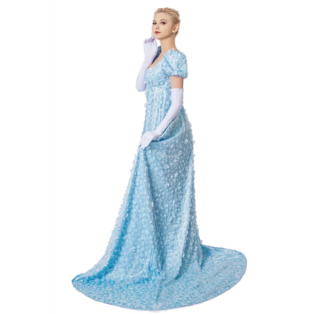 iSHOWcos Daphne Bridgerton Regency Dress for Women - Blue Lace Cosplay Costume | Perfect for Bridgerton Themed Parties, Historical Reenactments & Victorian Era Events