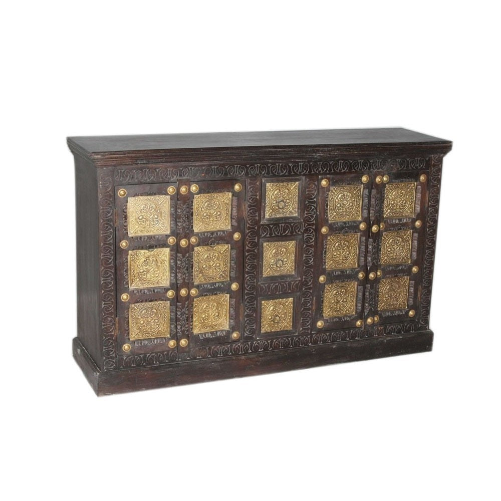 Antique Brass Embossed Solid Wood Indian Sideboard Buffet Cabinet - 150x40x90cm - Perfect for Dining Room Storage & Vintage Home Decor