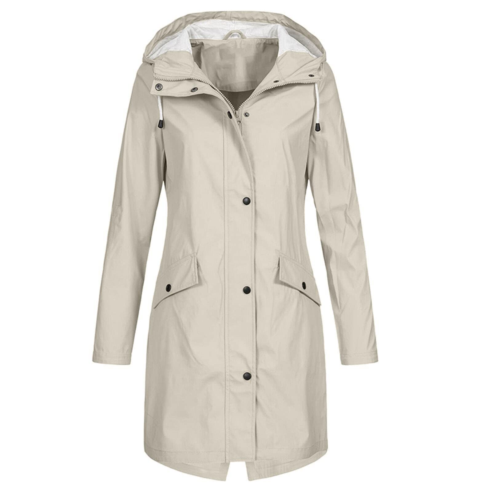 Women's Waterproof Windproof Rain Jacket with Hood - Long Solid Color Outdoor Coat with Zip & Button Closure - Perfect for Hiking, Camping & Everyday Wear in Rainy Weather