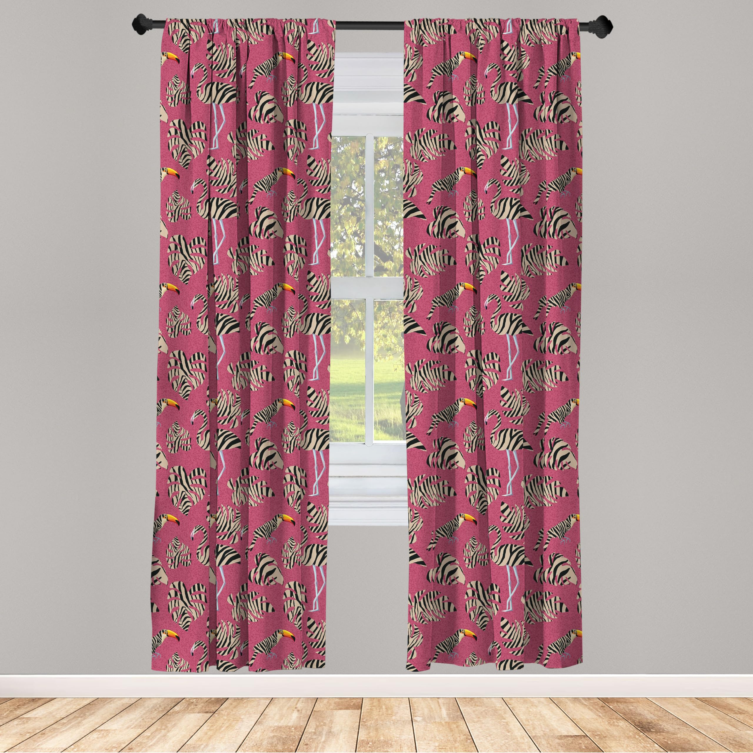 Ambesonne Pink Zebra Print Window Curtains with Flamingo & Toucan Tropical Leaf Design - Lightweight Blackout Drapes for Bedroom, Living Room - 2 Panel Set with Rod Pocket, 28