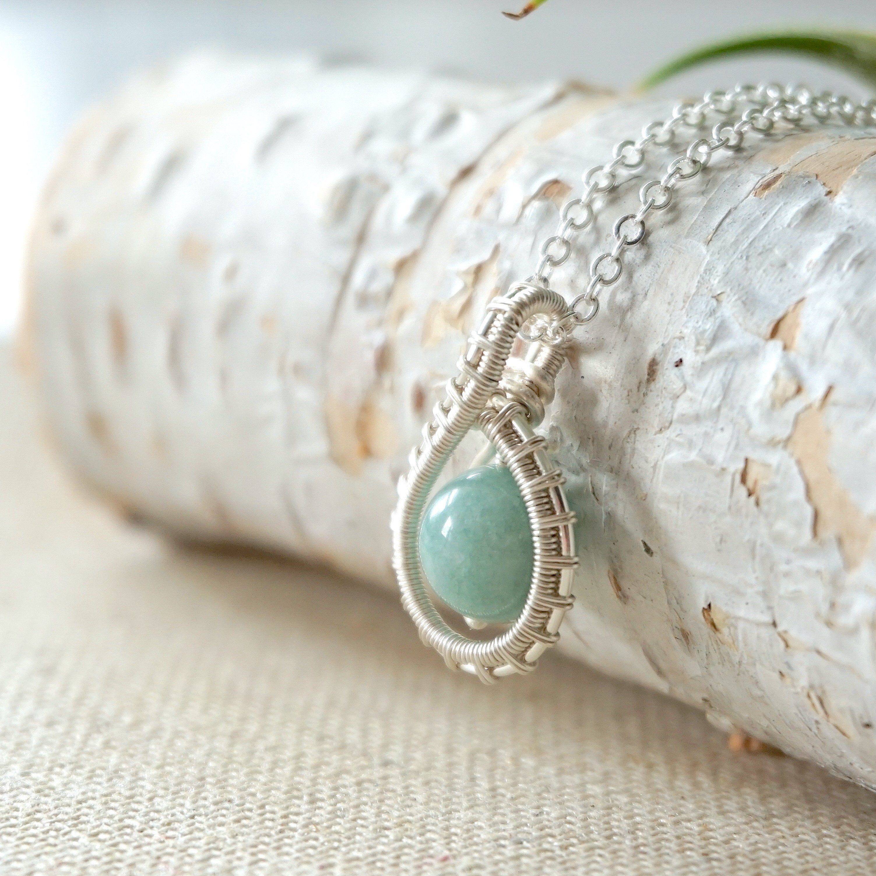 Aquamarine Beaded Necklace - Sterling Silver Wrapped Charm Pendant Jewelry for Women | Gift for Birthday, Anniversary & Special Occasions