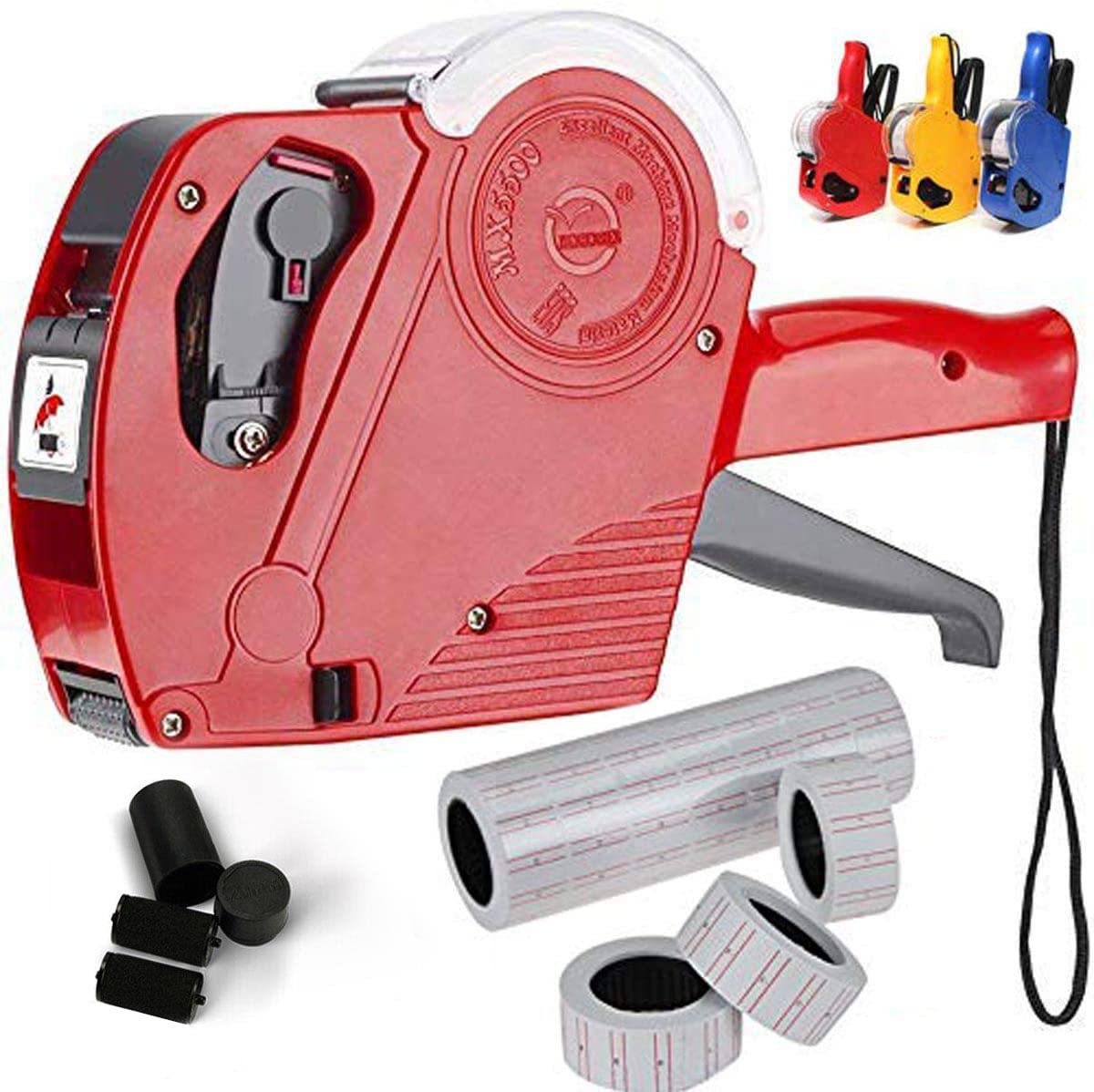 MX-5500 8-Digit Electronic Price Tag Gun Labeler with 5000 White & Red Line Stickers + 3 Ink Cartridges - Perfect for Retail Pricing, Warehouse Labeling, and Inventory Management