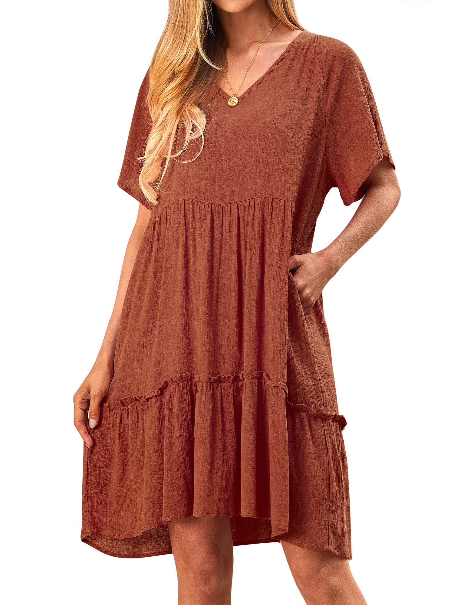 ZXZY Women's Summer Flowy Beach Dress - Ruffle Cute Bell Sleeves Midi Dress with Pockets | Perfect for Vacation, Pool Party & Casual Outings