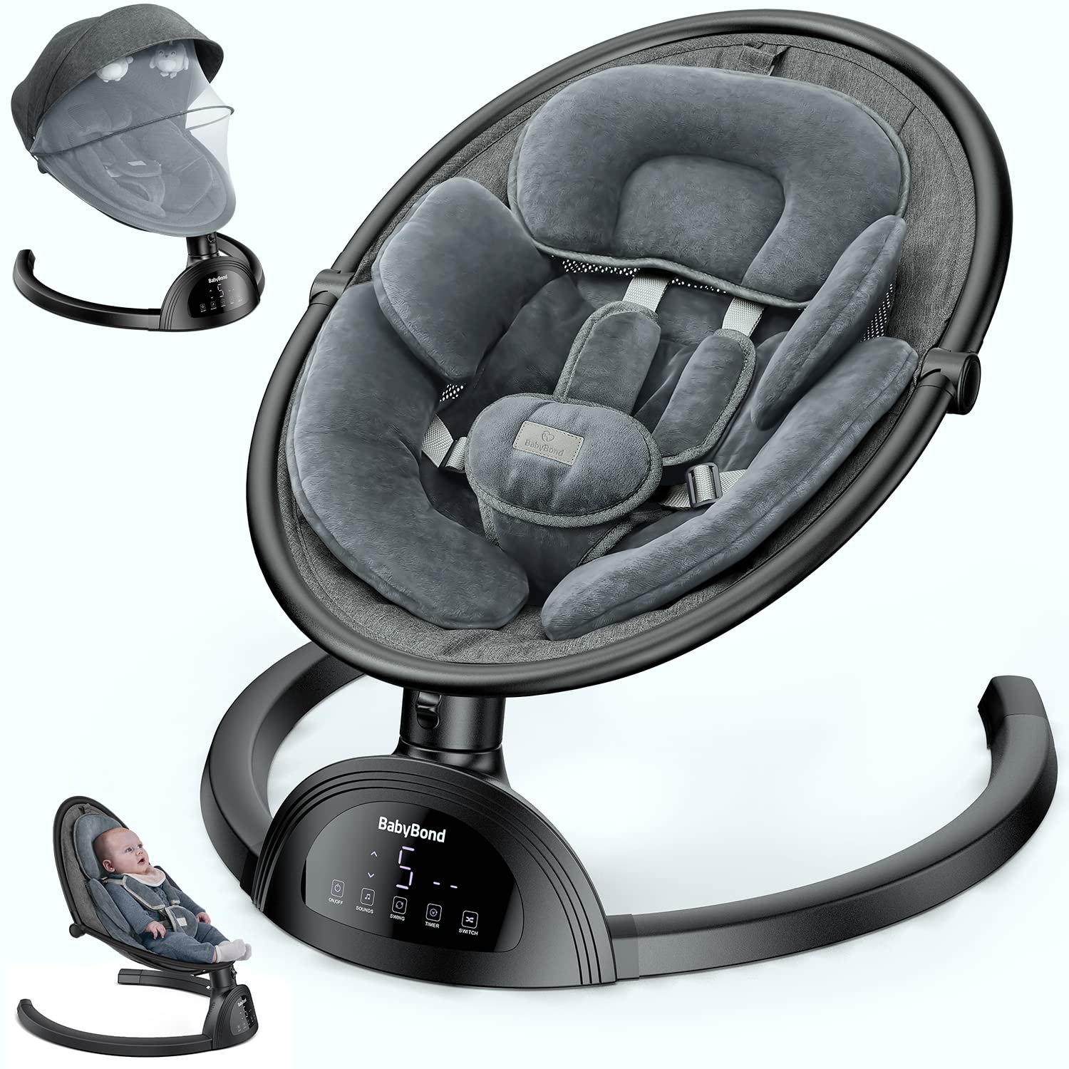 BabyBond Bluetooth Baby Swing for Infants - 5 Speed Adjustable with Music Speaker, 3 Reclining Positions & Remote Control - Safe 5-Point Harness for Newborns to Toddlers - Perfect for Nursery, Travel & Outdoor Use (Black)