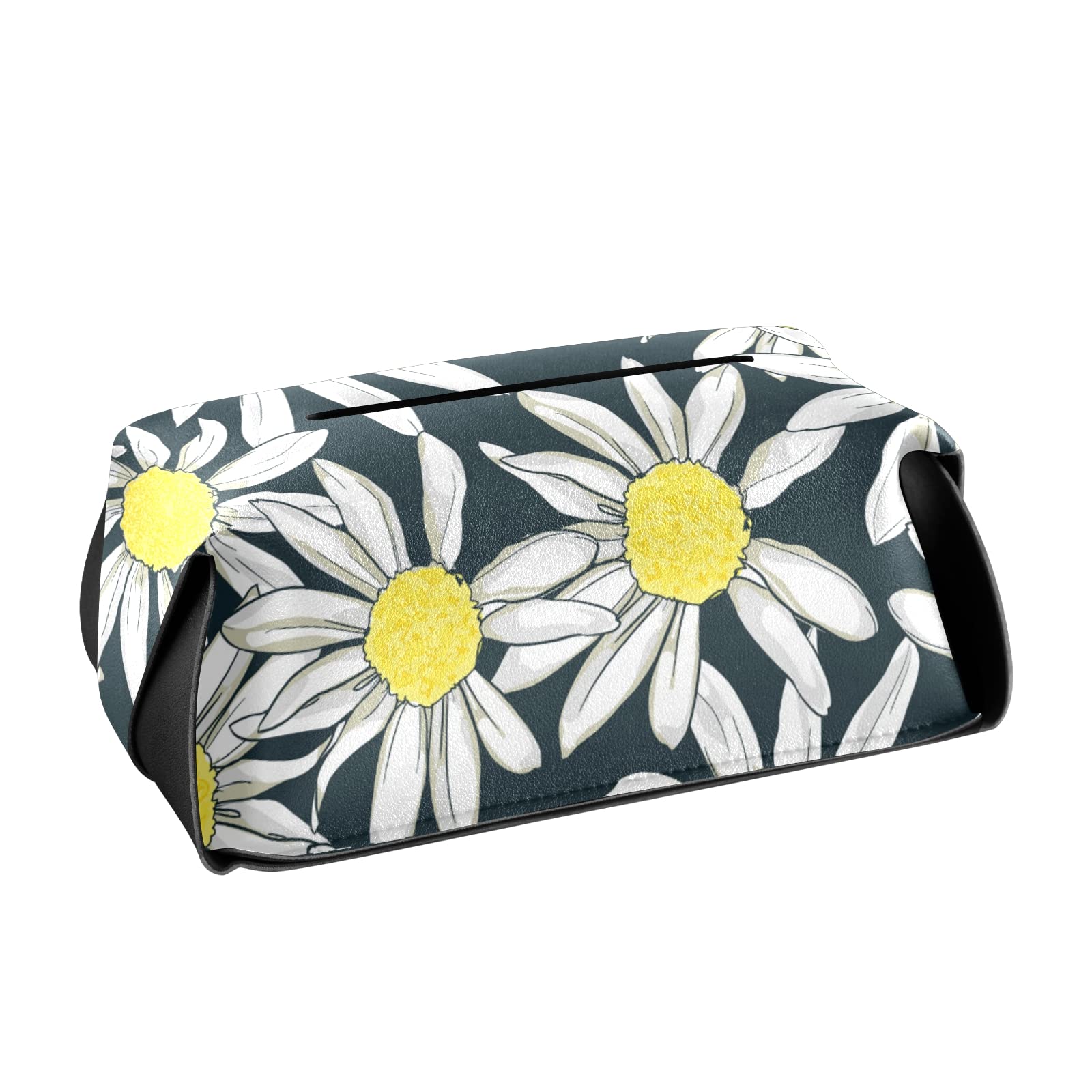 Chamomile PU Leather Tissue Box Cover - Rectangular Decorative Toilet Paper Holder with Handle for Bathroom, Living Room & Bedroom - Home Decor Organizer