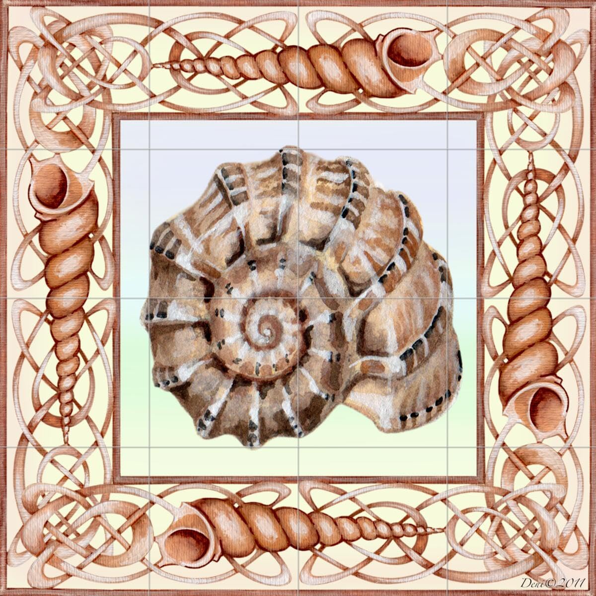 Denise Freeman Ceramic Backsplash Tile Mural - Sea Shell Themed Square Tiles for Kitchen, Bathroom & Shower Decor - Waterproof Peel & Stick Wall Art for Coastal Home Design