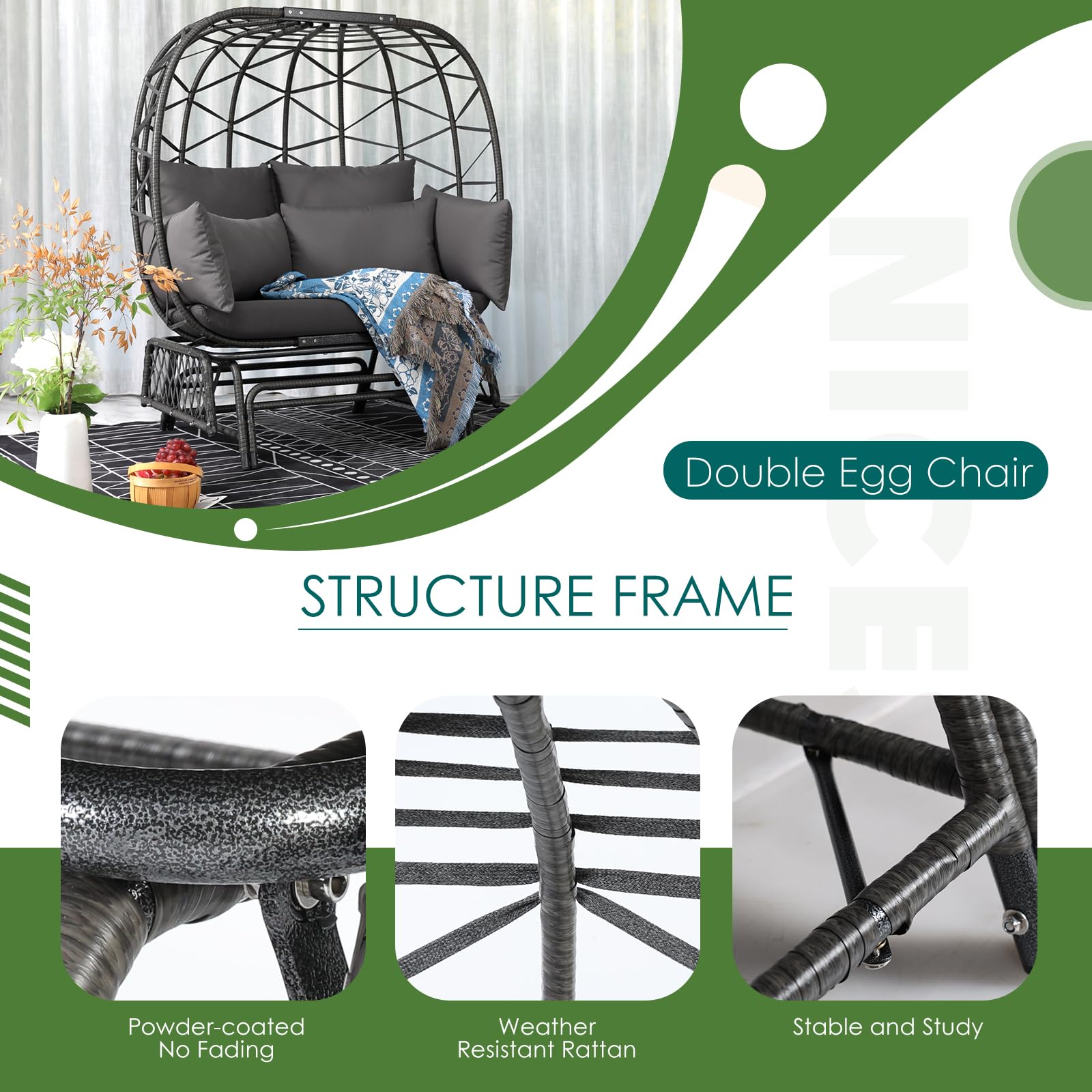 NICESOUL® Oversized Double Wicker Rocking Egg Chair - 500lb Capacity Egg Basket Loveseat with Thick Cushions & Sturdy Legs - Indoor/Outdoor Patio Gliding Swing Chair for Couples - Perfect for Garden, Balcony, Backyard Relaxation & Romantic Dates