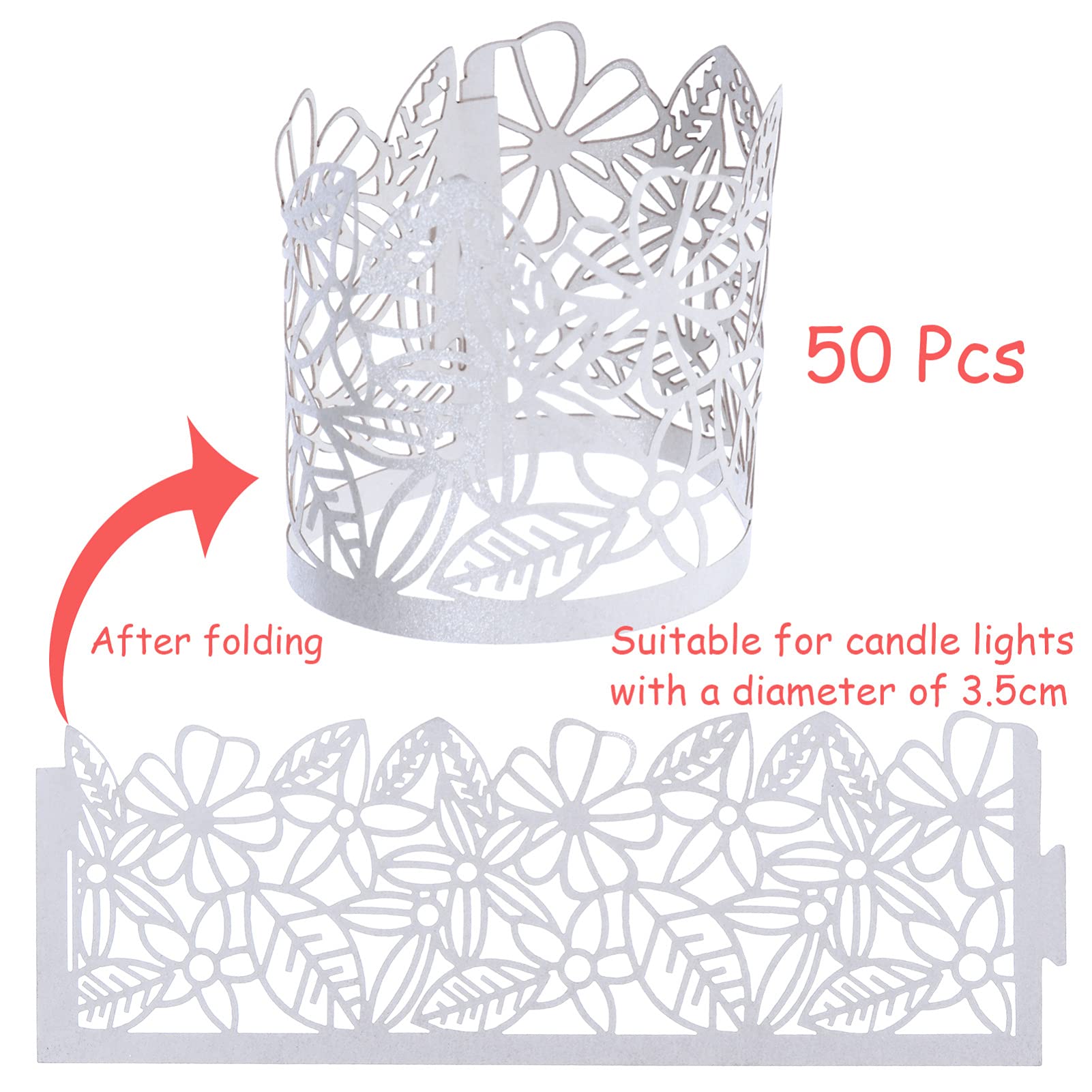 50Pcs White LED Tea Light Candle Wraps - Hollow Cylindrical Paper Lampshade Holders for Votive Candles | Wedding Centerpiece Decor, Party & Home Decoration, Romantic Ambiance Lighting