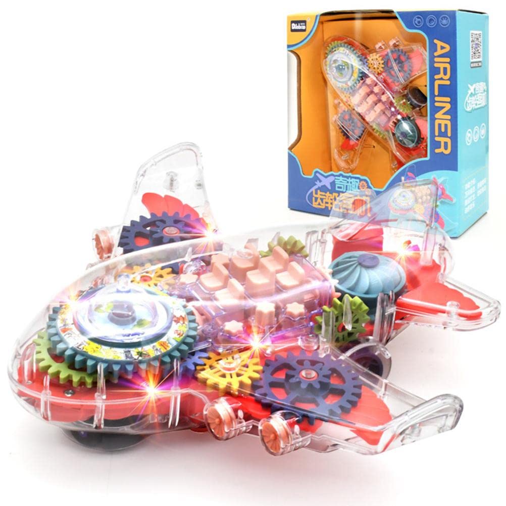 JAOCDOEN Kids Electric Airplane Toy with Music, Lights & Transparent Gears - Obstacle Avoidance Passenger Aircraft Model for Boys & Girls - Perfect for Indoor Play, Birthday Gifts & STEM Learning