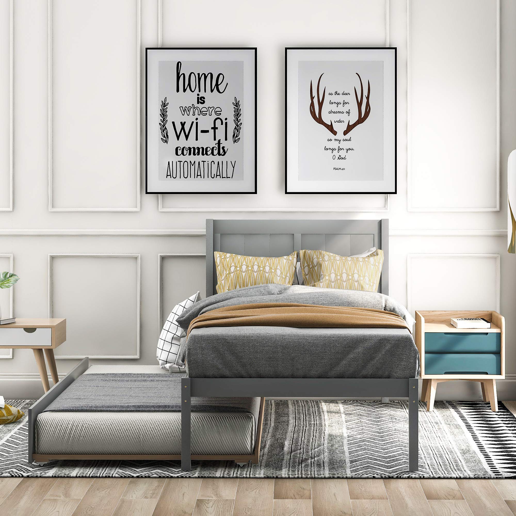 Twin Size Wooden Platform Bed Frame with Headboard & Trundle - No Box Spring Required, Easy Assembly (Grey) - Perfect for Kids' Rooms, Guest Bedrooms & Small Spaces