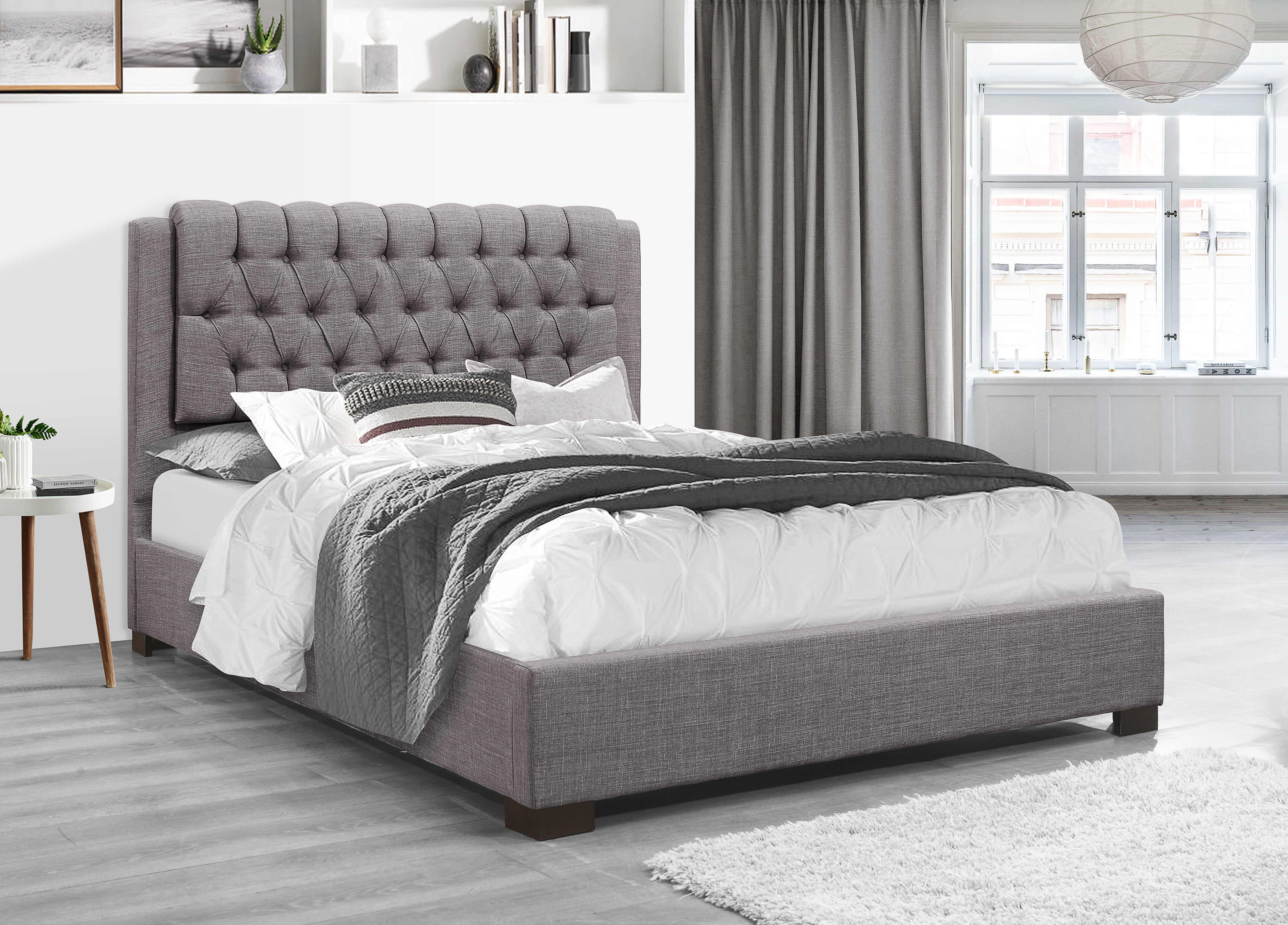 Grey Fabric Platform Bed Frame with Expert Upholstery - Modern Minimalist Bedroom Furniture for Small Spaces & Studio Apartments